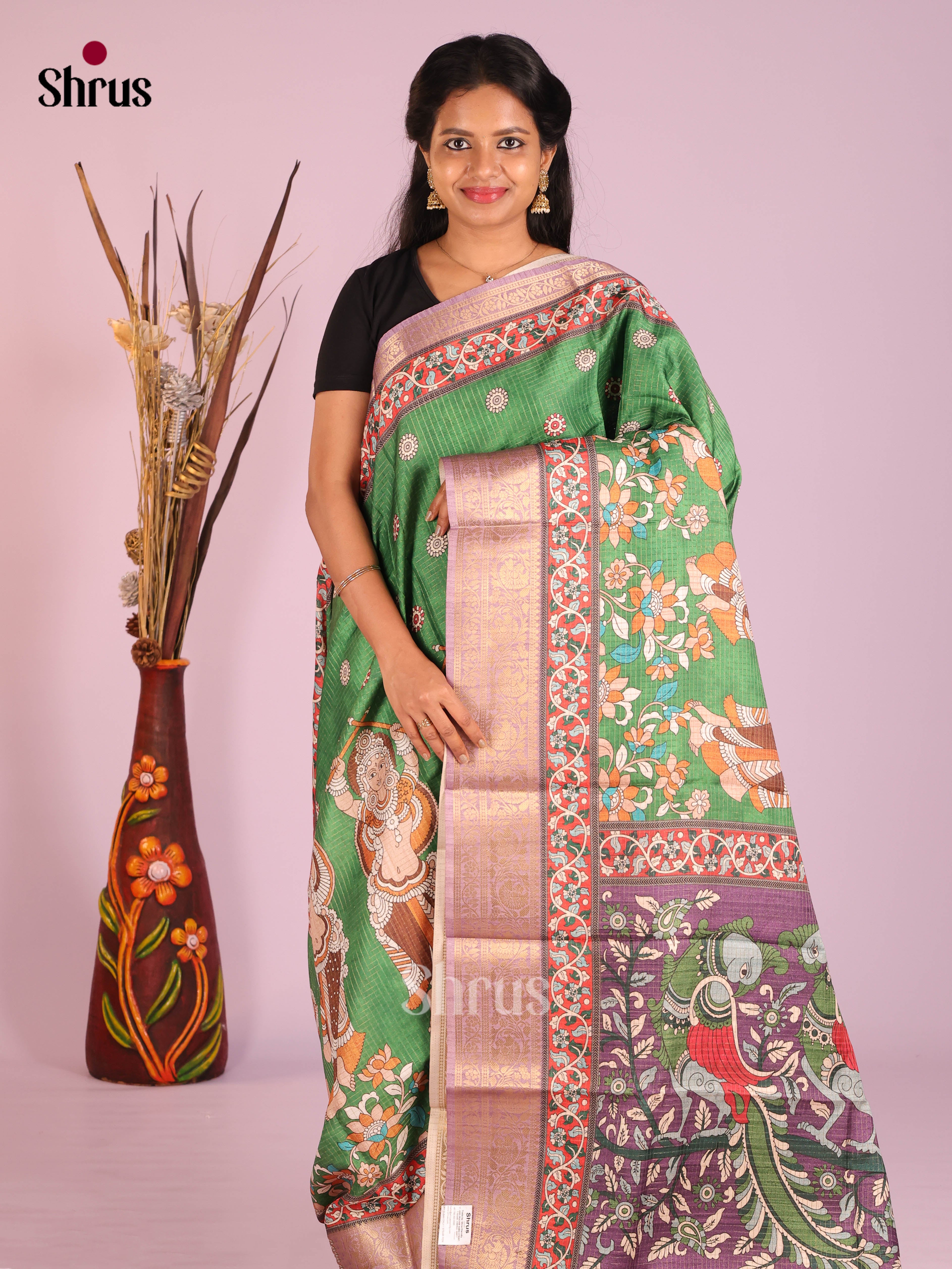 green & Purple - Semi Dola silk Saree