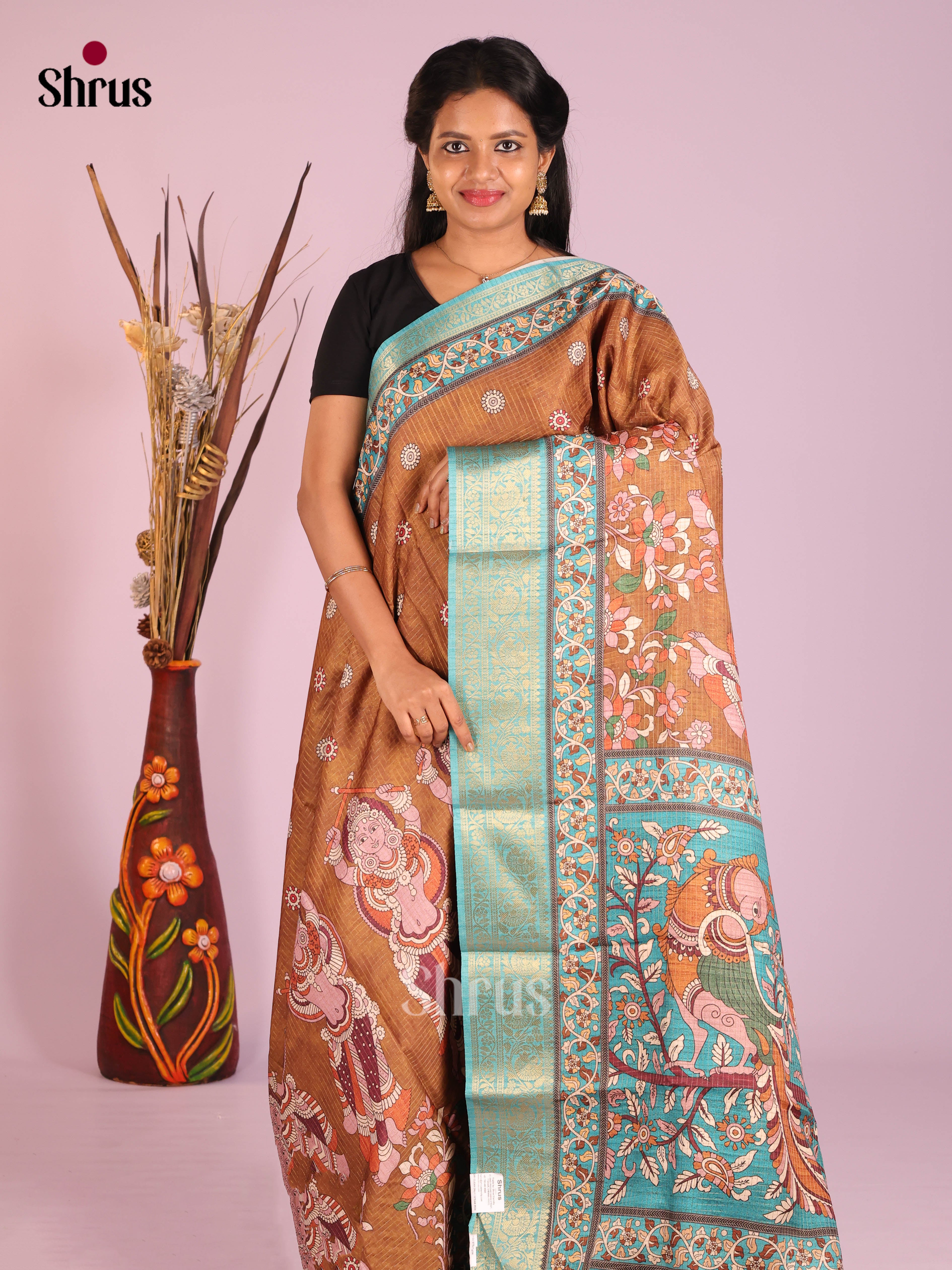 Brown & Blue - Semi Dola silk Saree