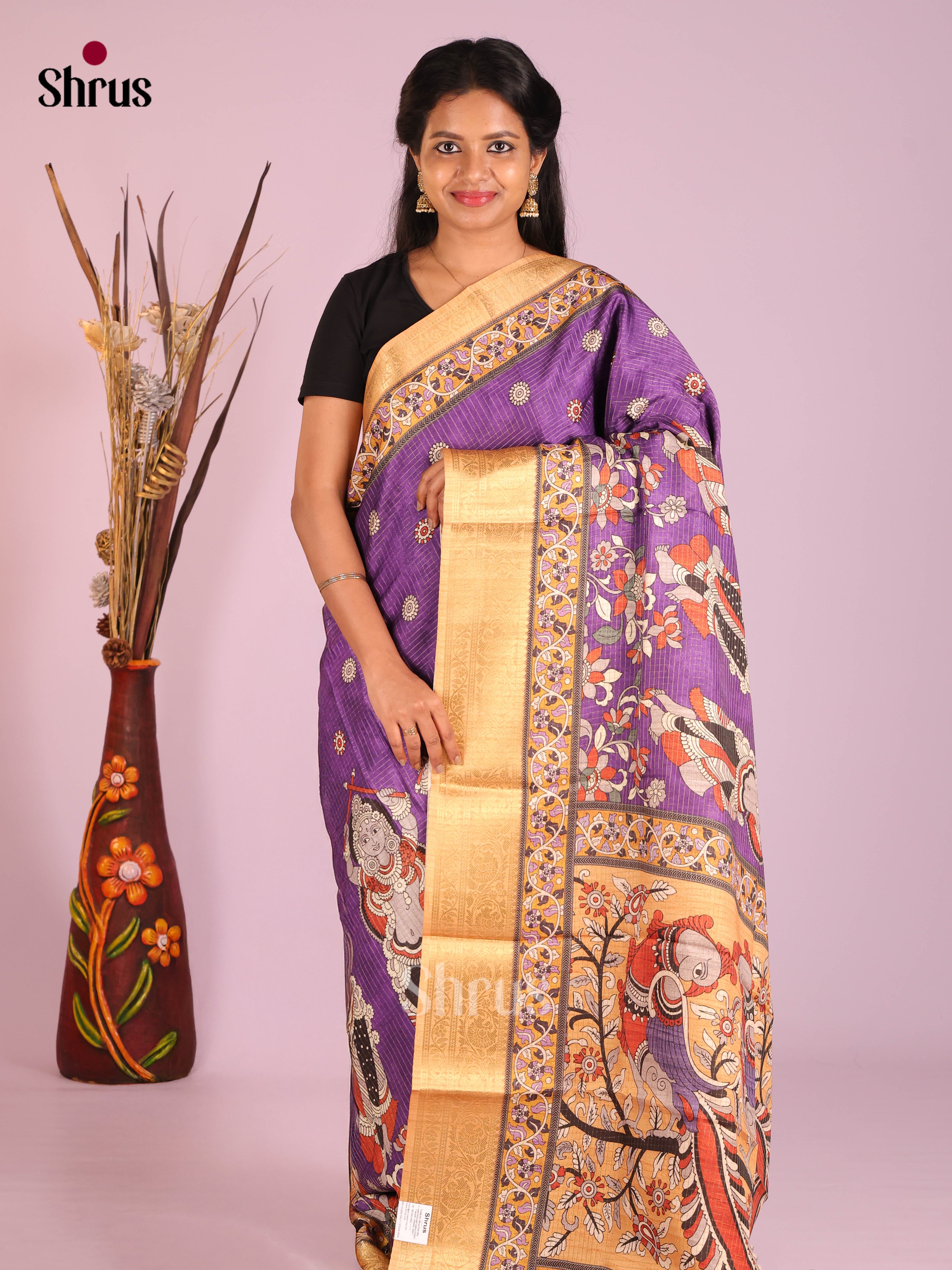 Violet & Peach - Semi Dola silk Saree