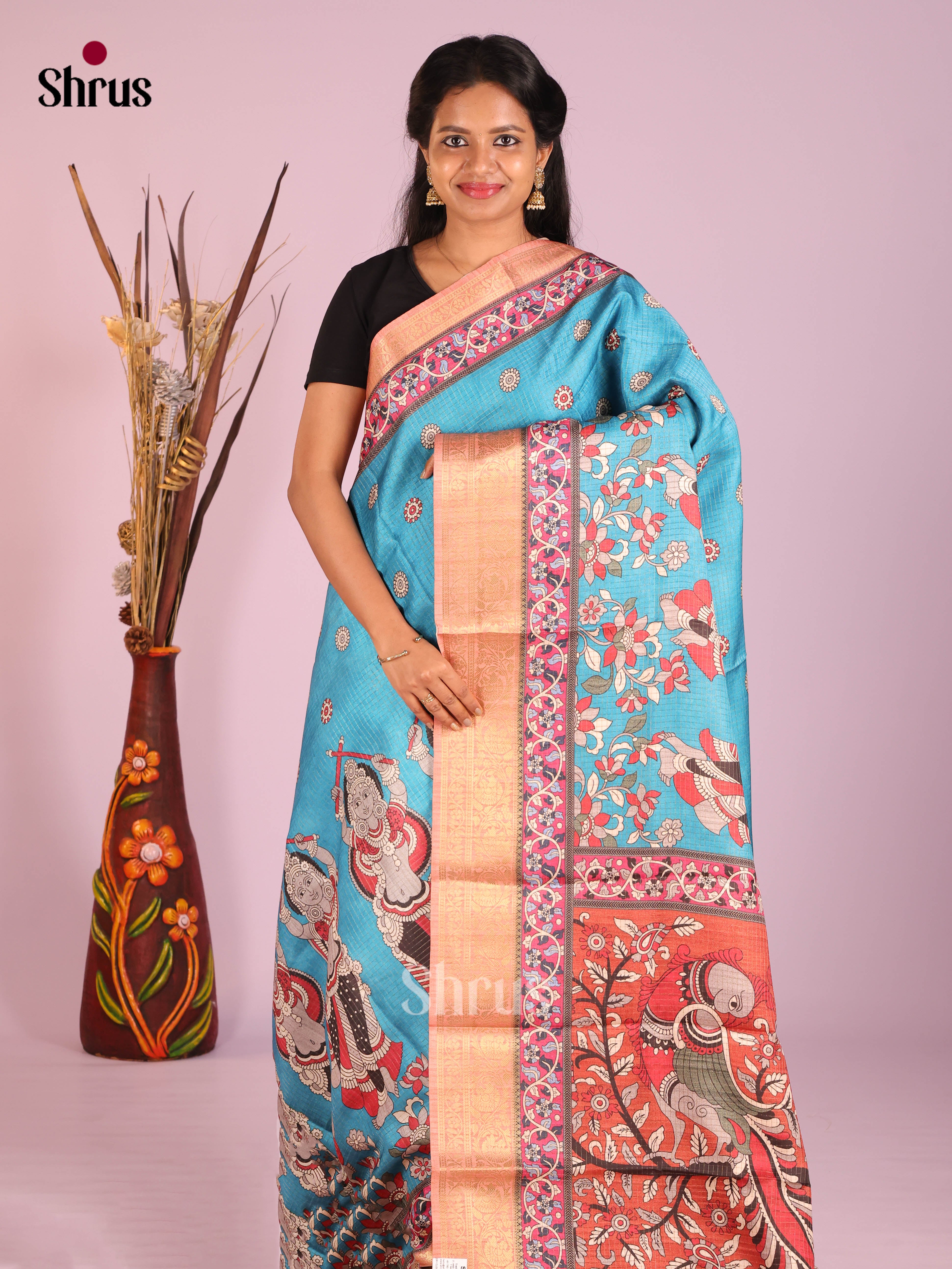 Blue & Red - Semi Dola silk Saree