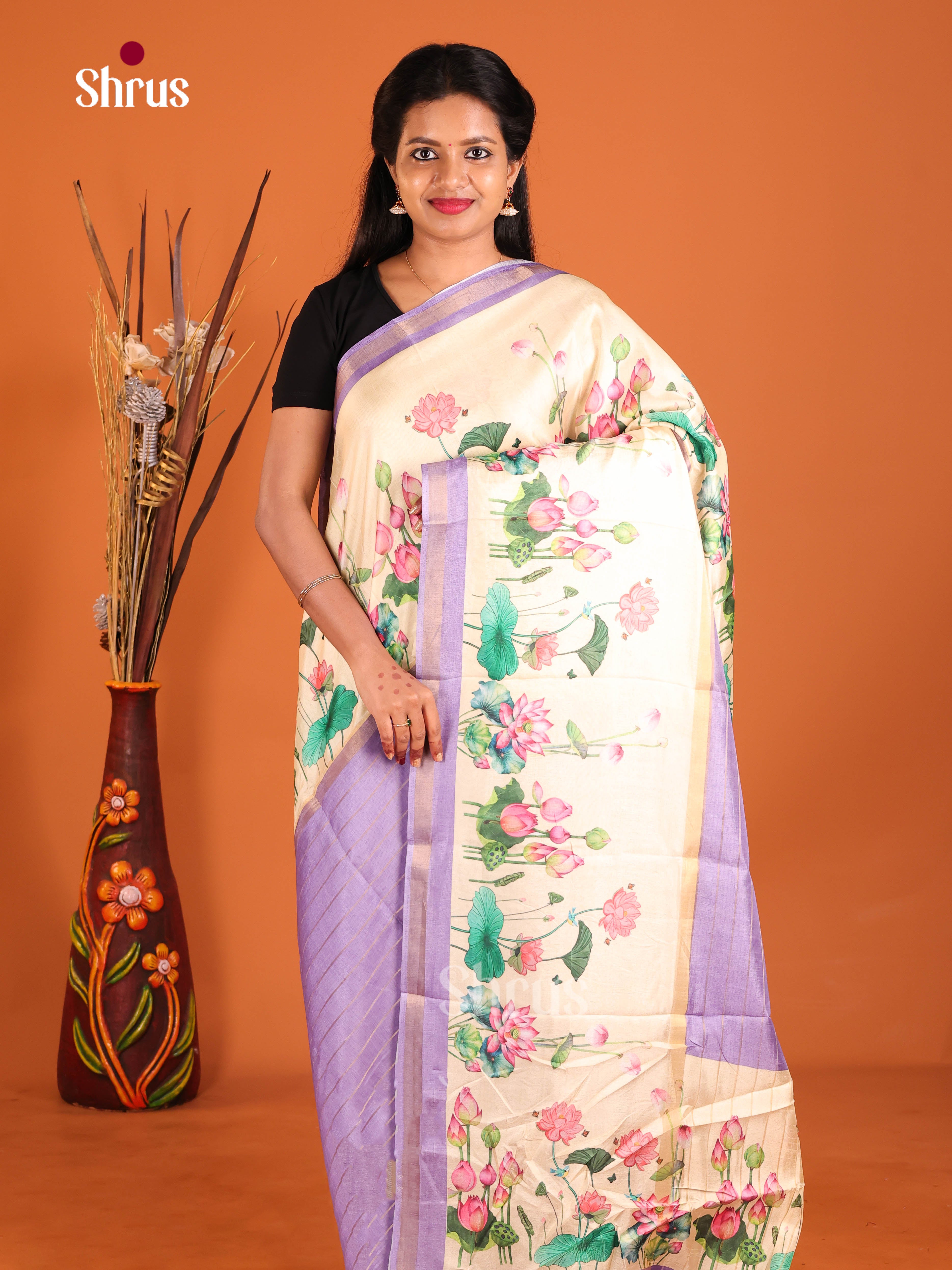 Lavender & Cream - Semi matka Saree