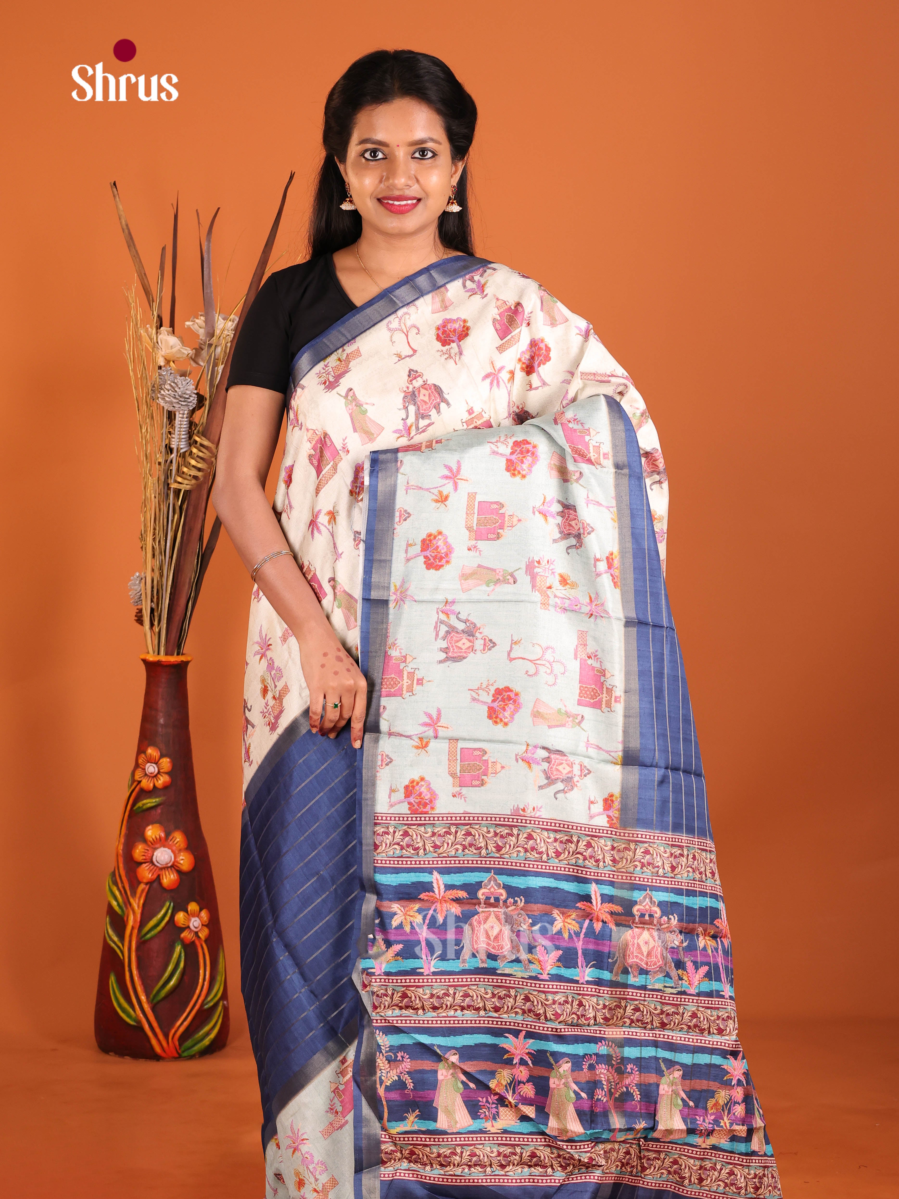 Blue & Cream - Semi matka Saree
