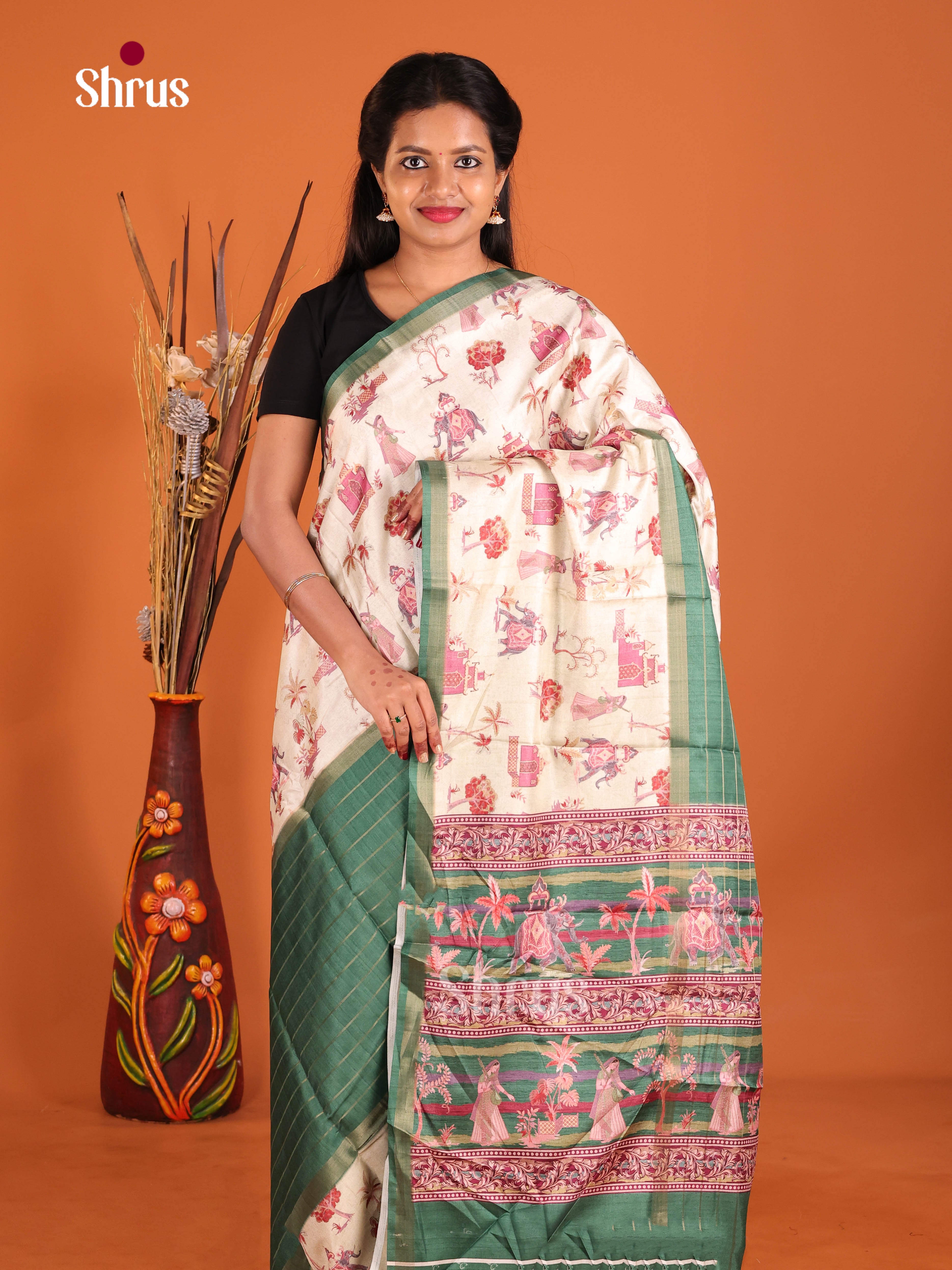 Green & Cream - Semi matka Saree