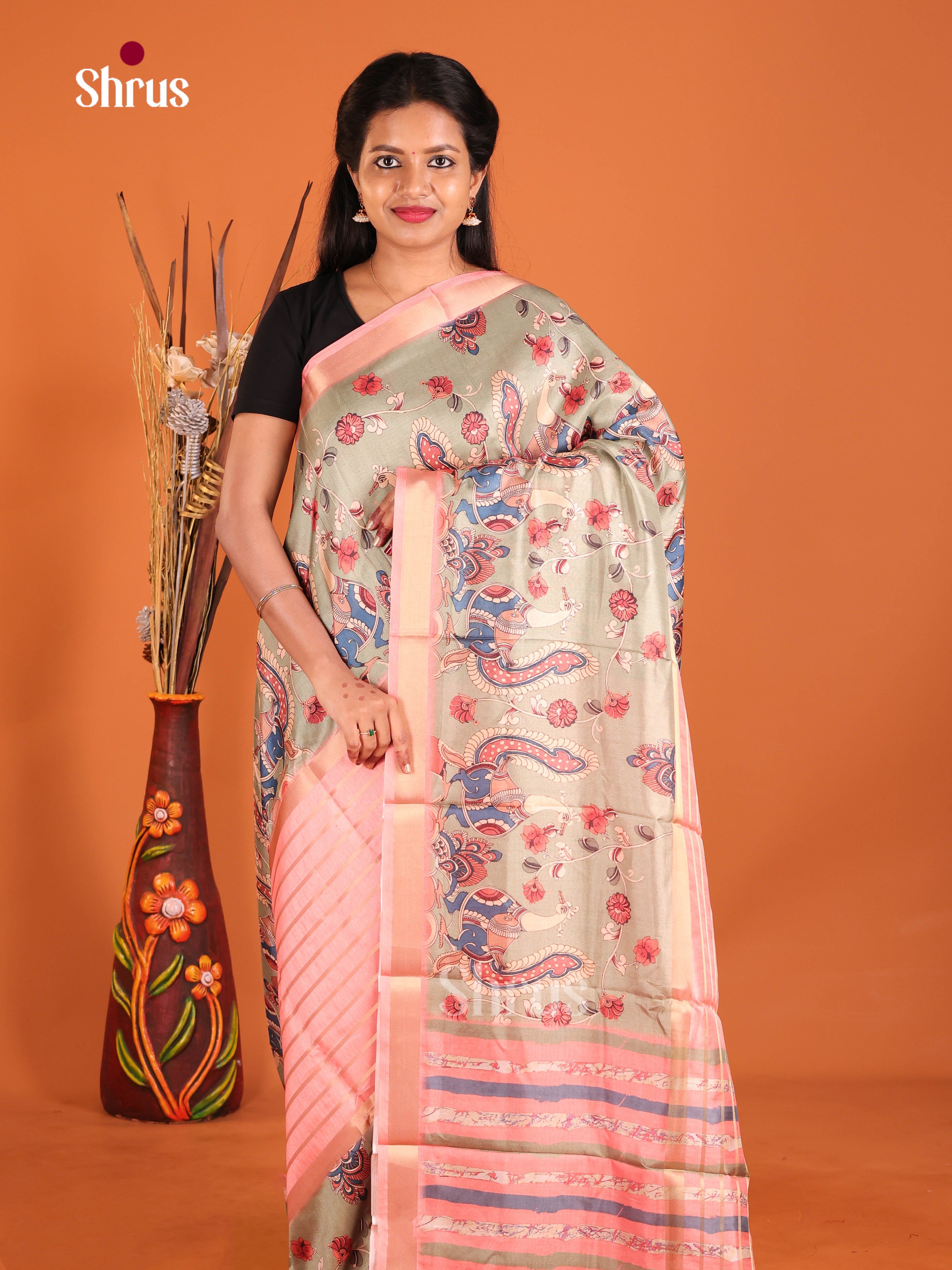 Pink  & Grey - Semi matka Saree