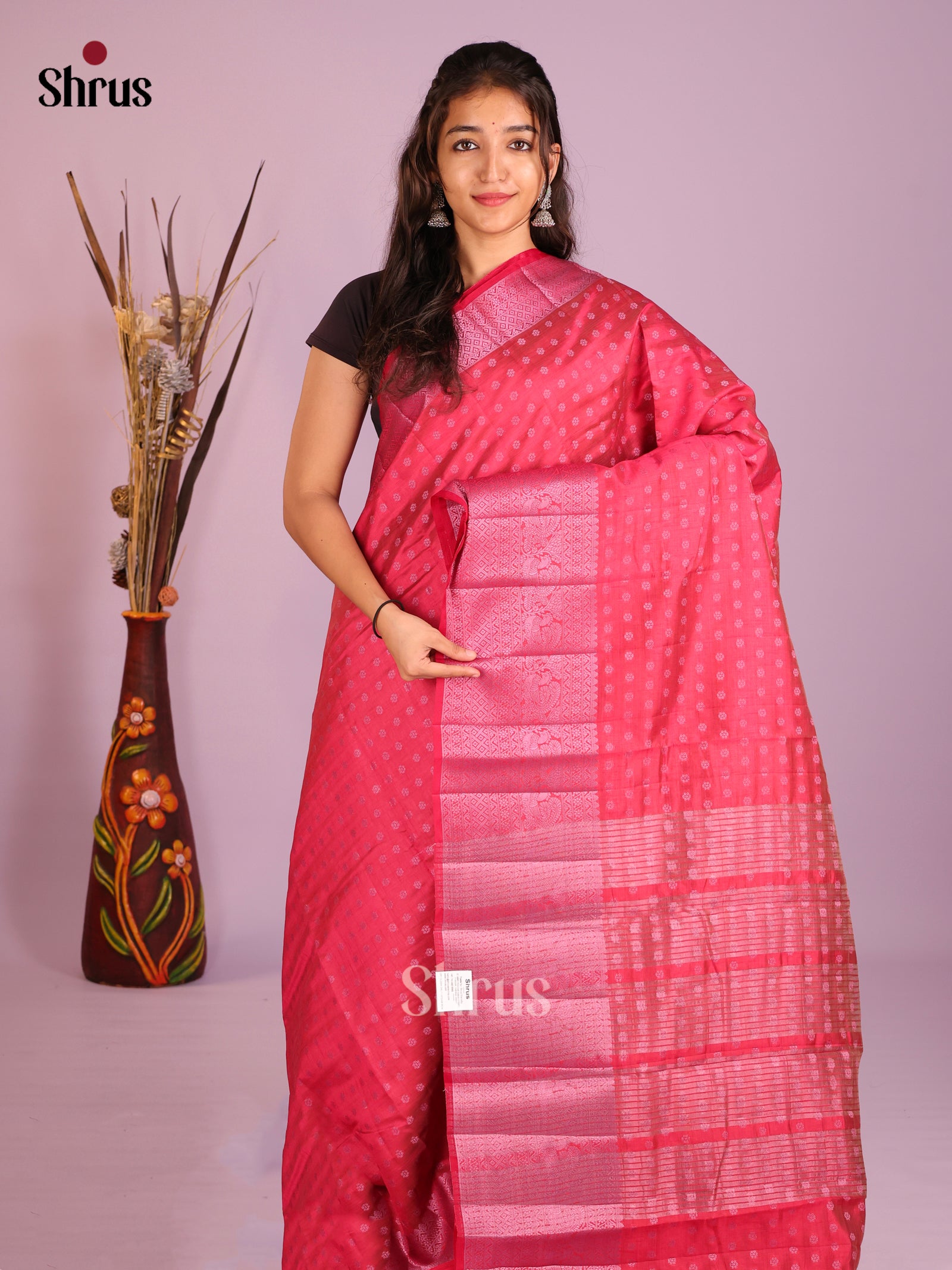 Red & Pink - Semi Rawsilk Saree