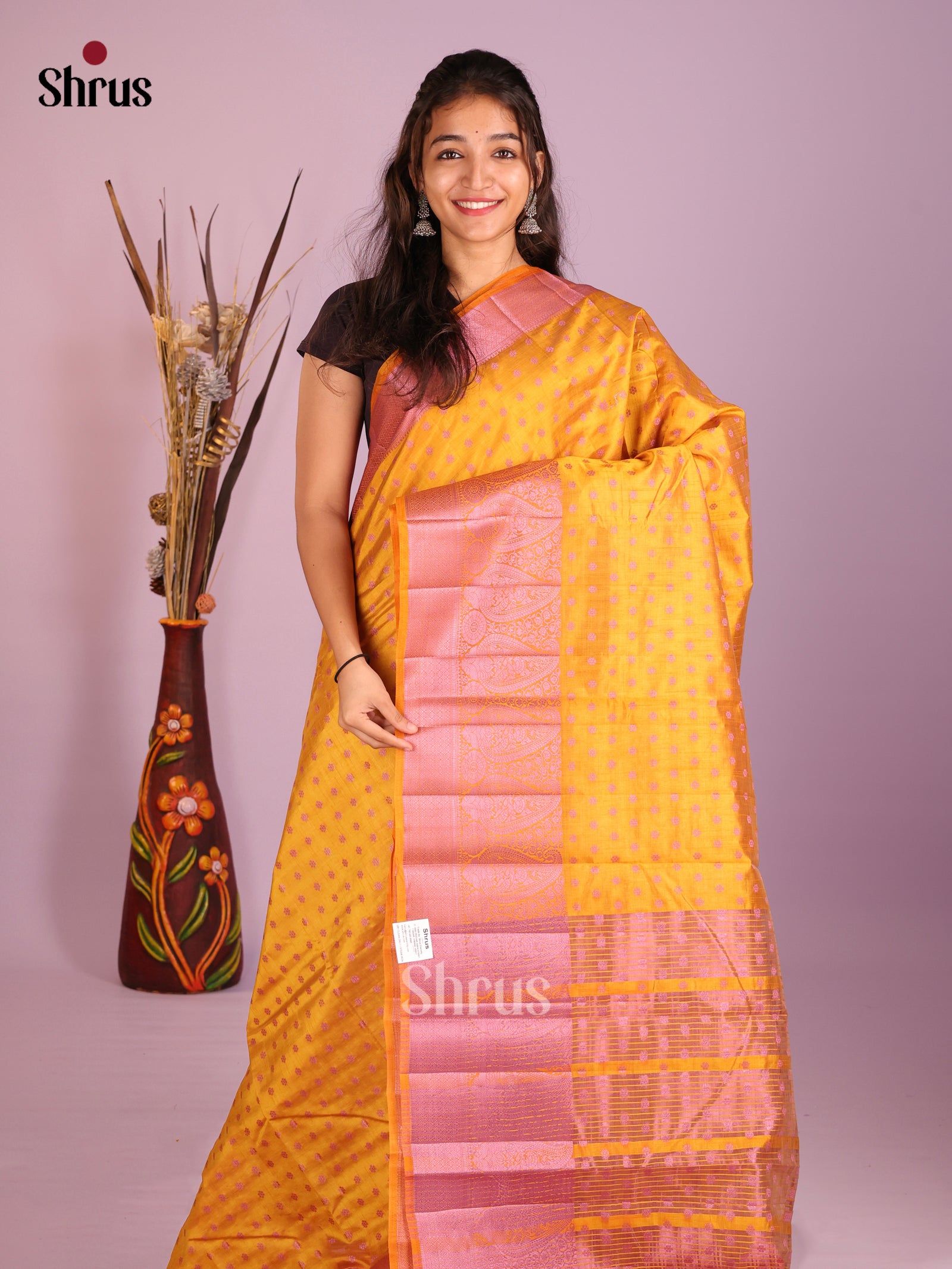 Yellow & Pink - Semi Rawsilk Saree