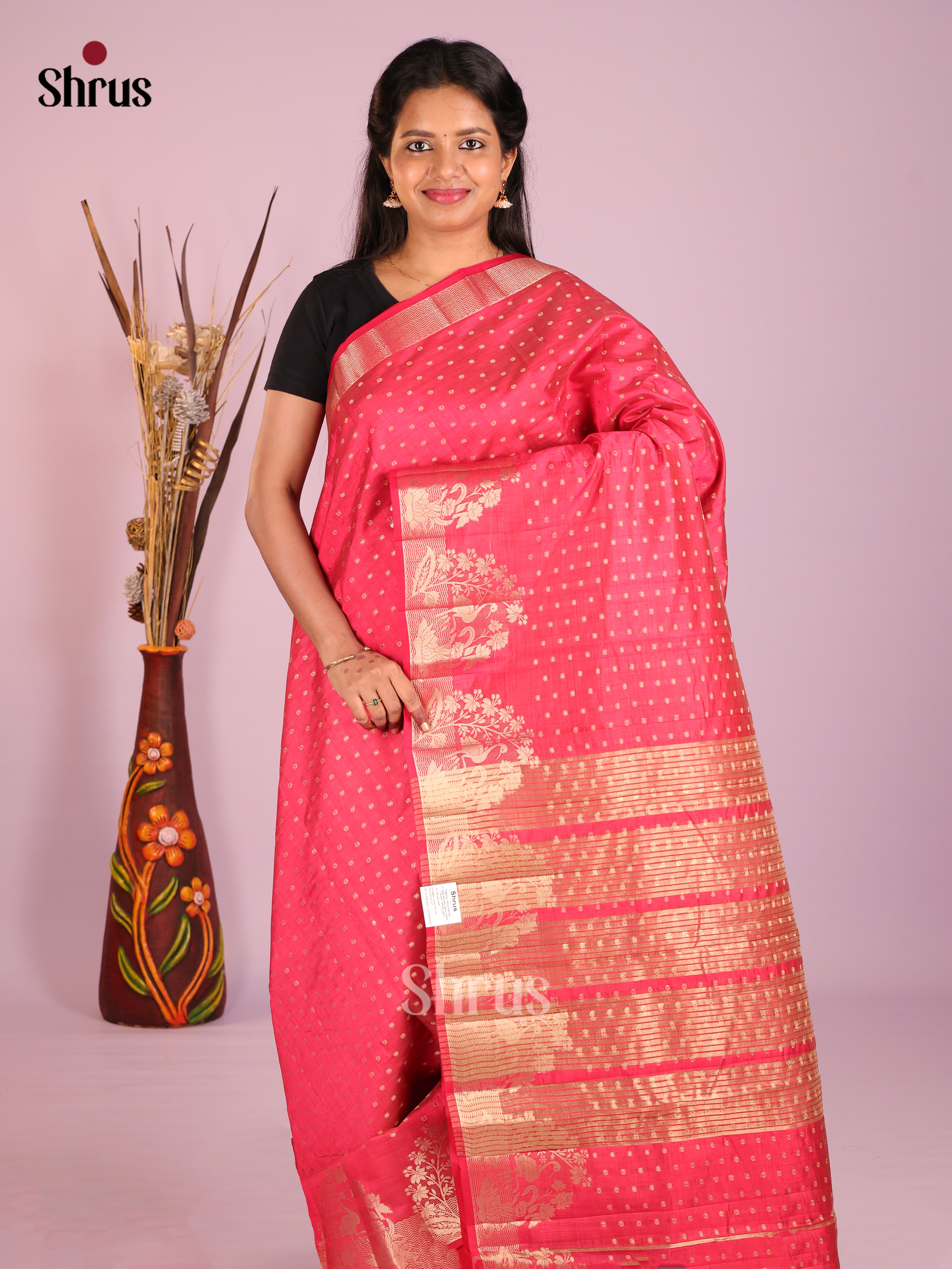 Reddish Pink- Semi Rawsilk Saree