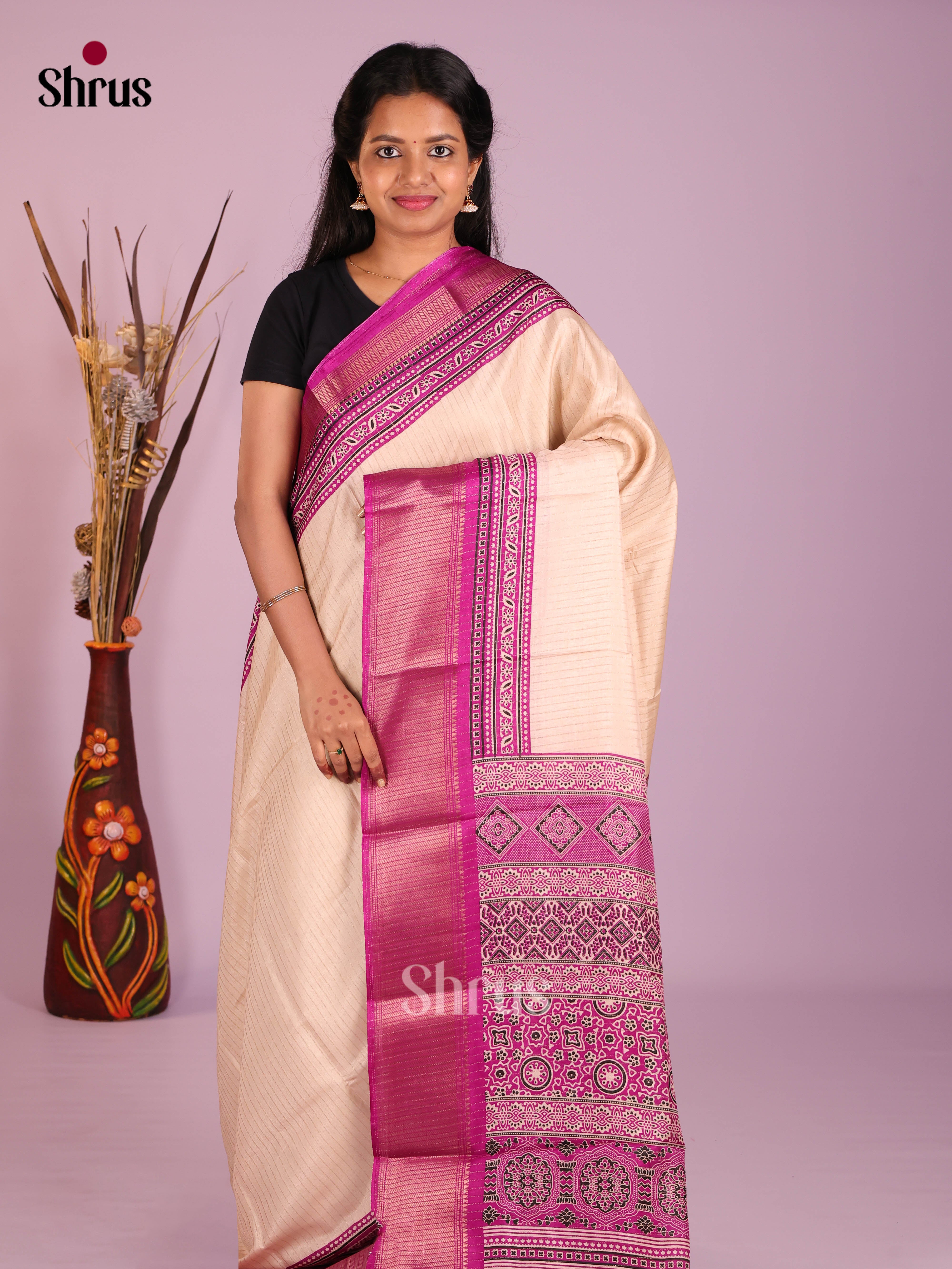 Cream & Purple - Semi Crepe Saree - Shop on Shrus.com