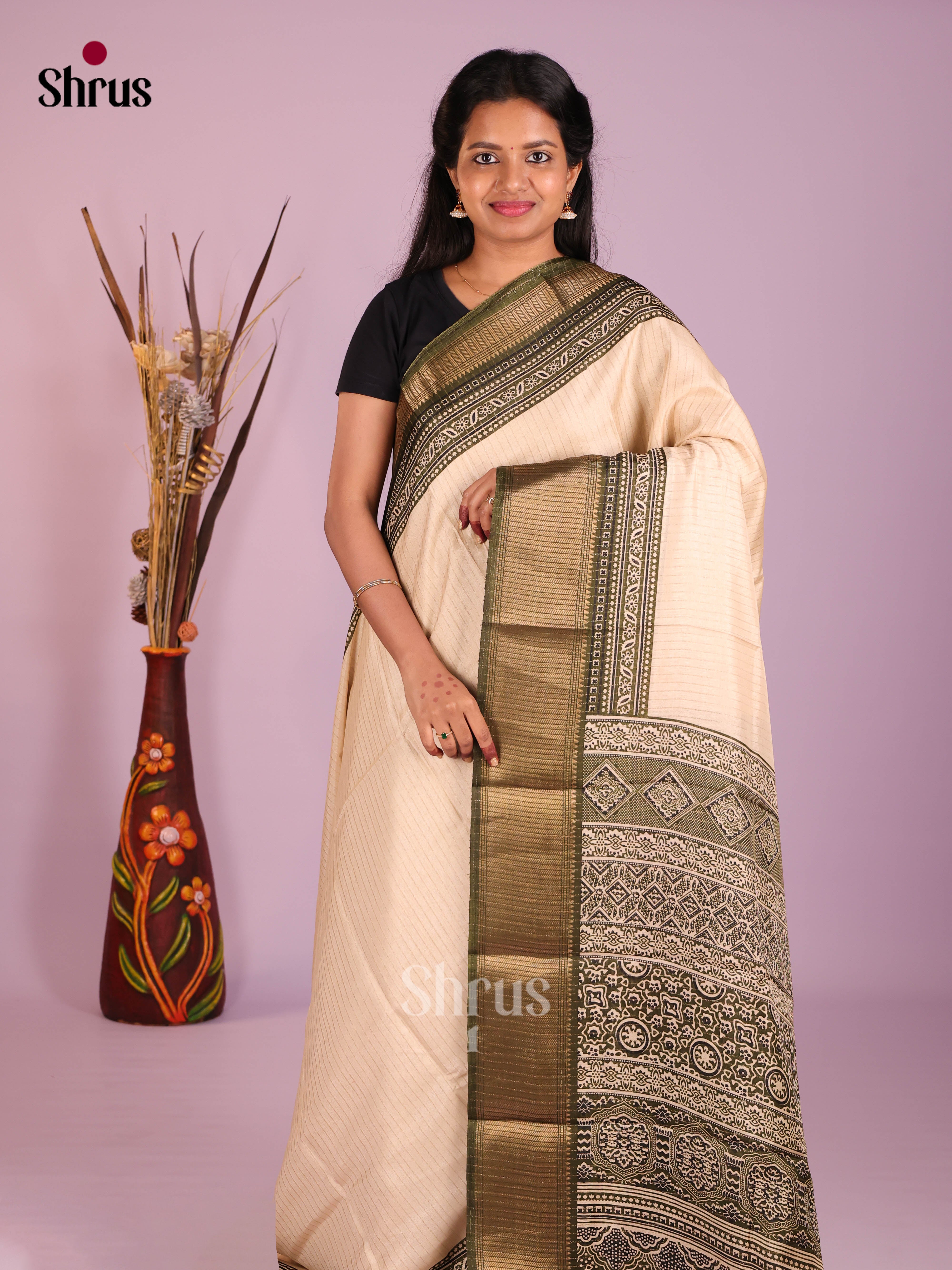 Cream & Green- Semi Crepe Saree