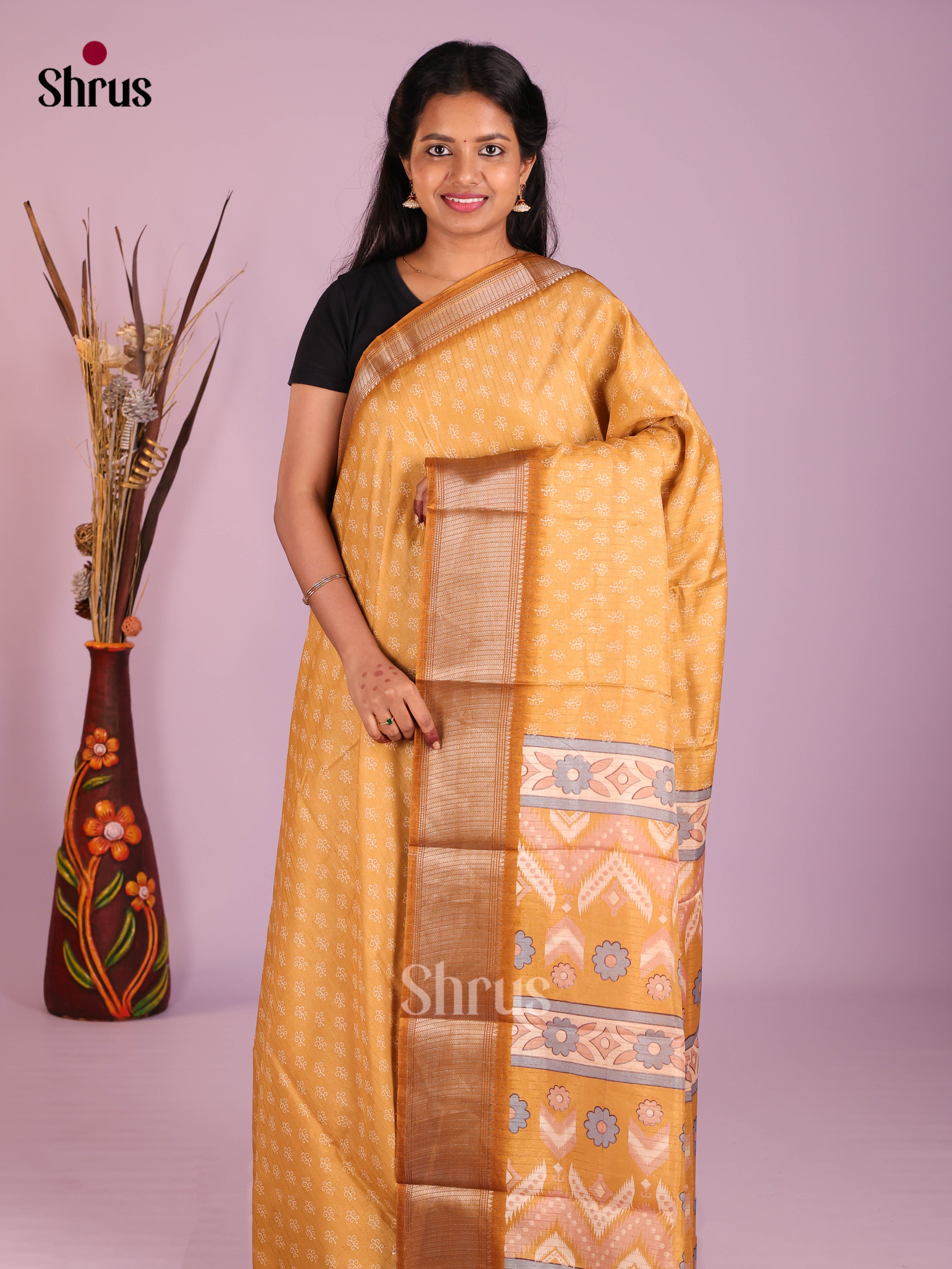 Mustard & Brown- Semi Crepe Saree - Shop on Shrus.com
