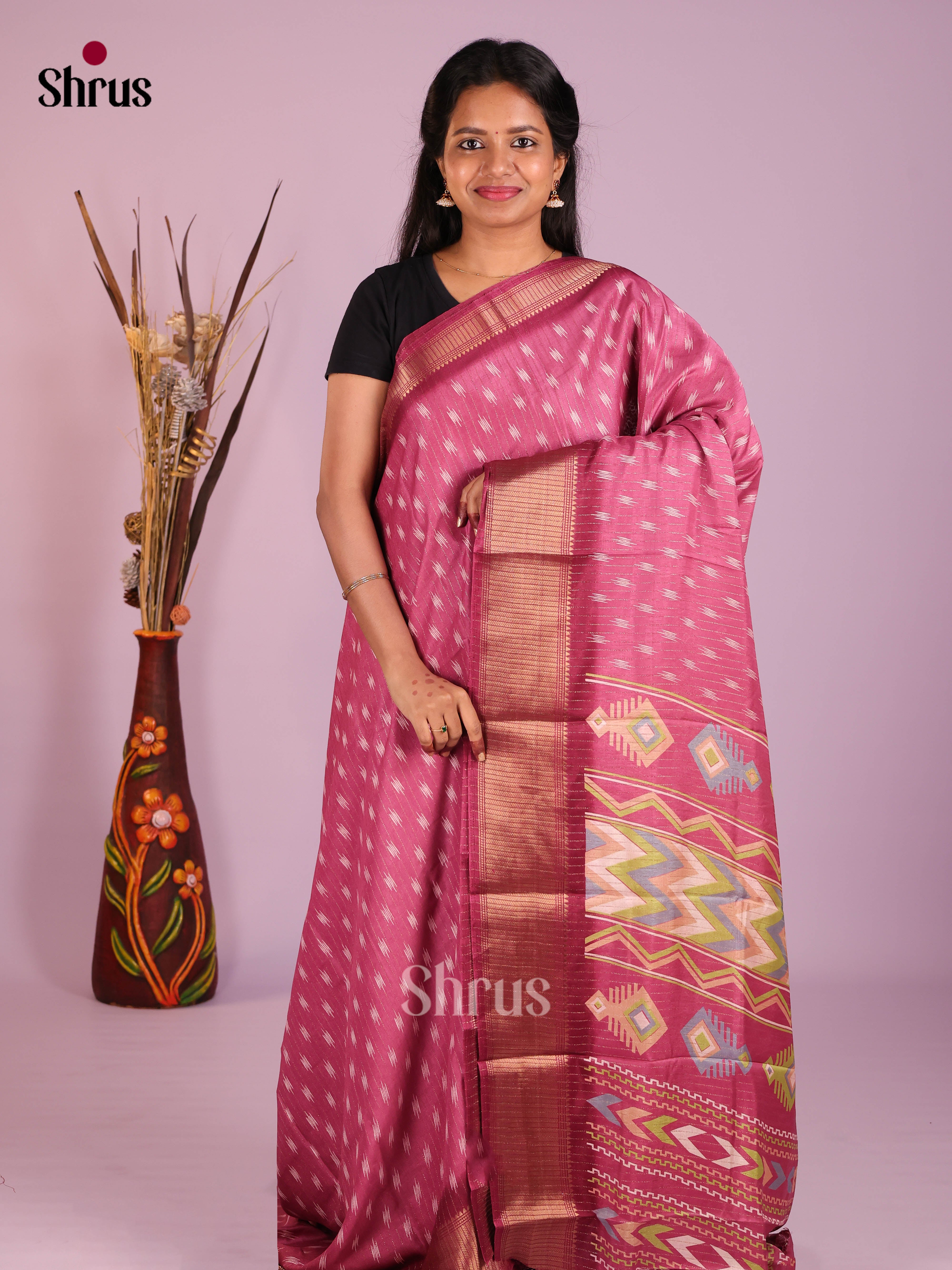 Onion Pink & Maroon- Semi Crepe Saree - Shop on Shrus.com