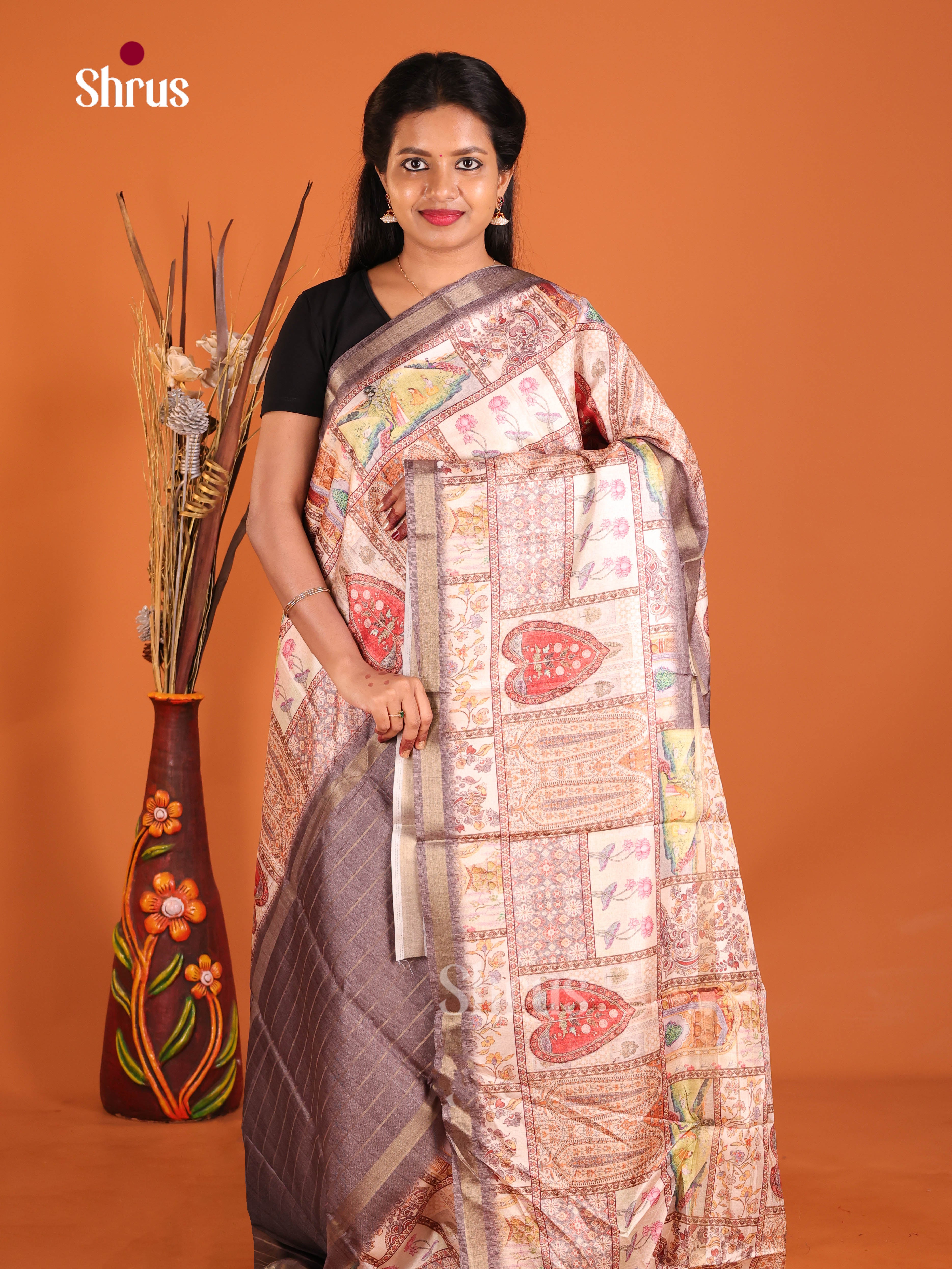 Grey & Cream - Semi matka Saree
