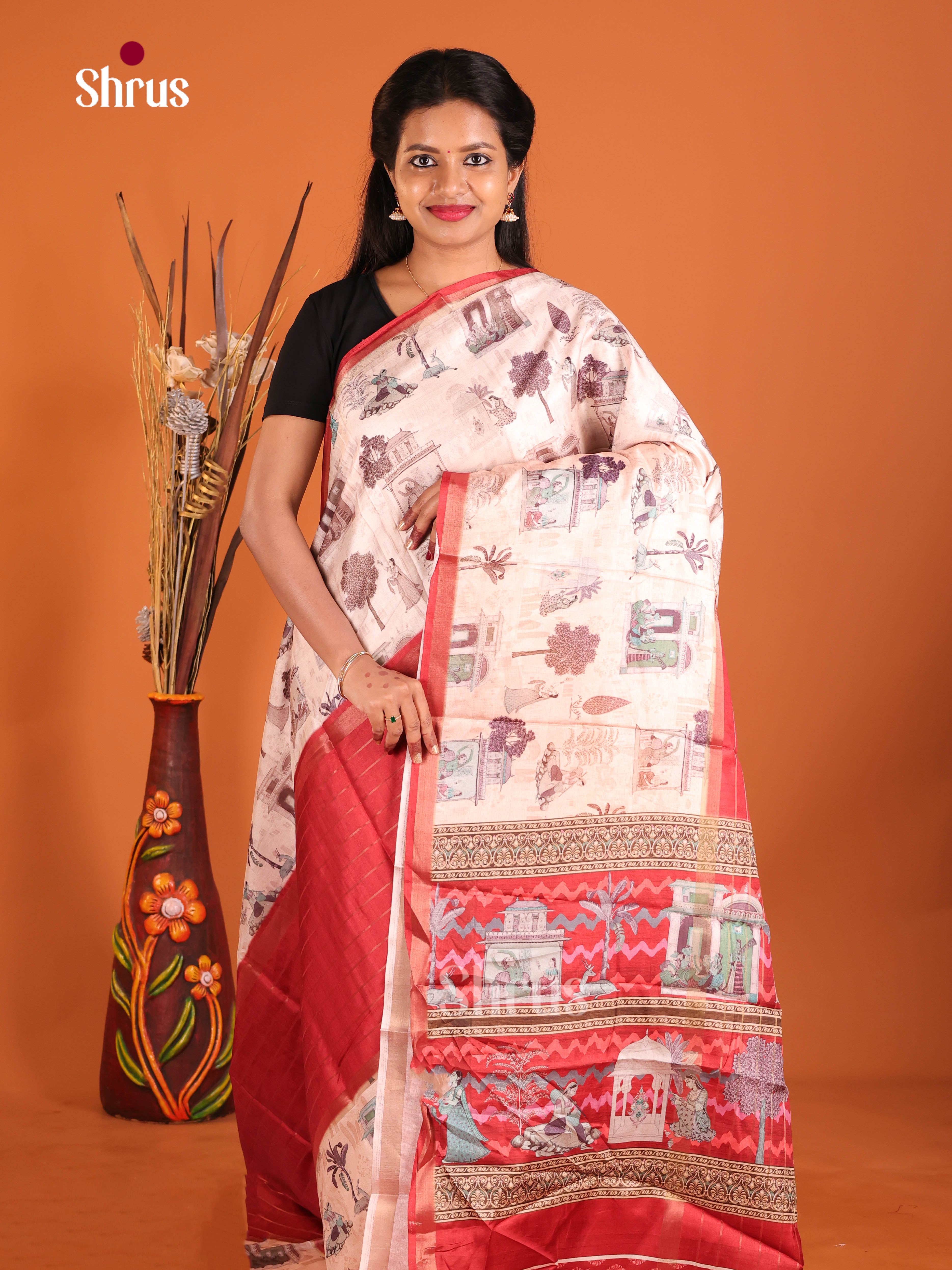 Red & Cream - Semi matka Saree