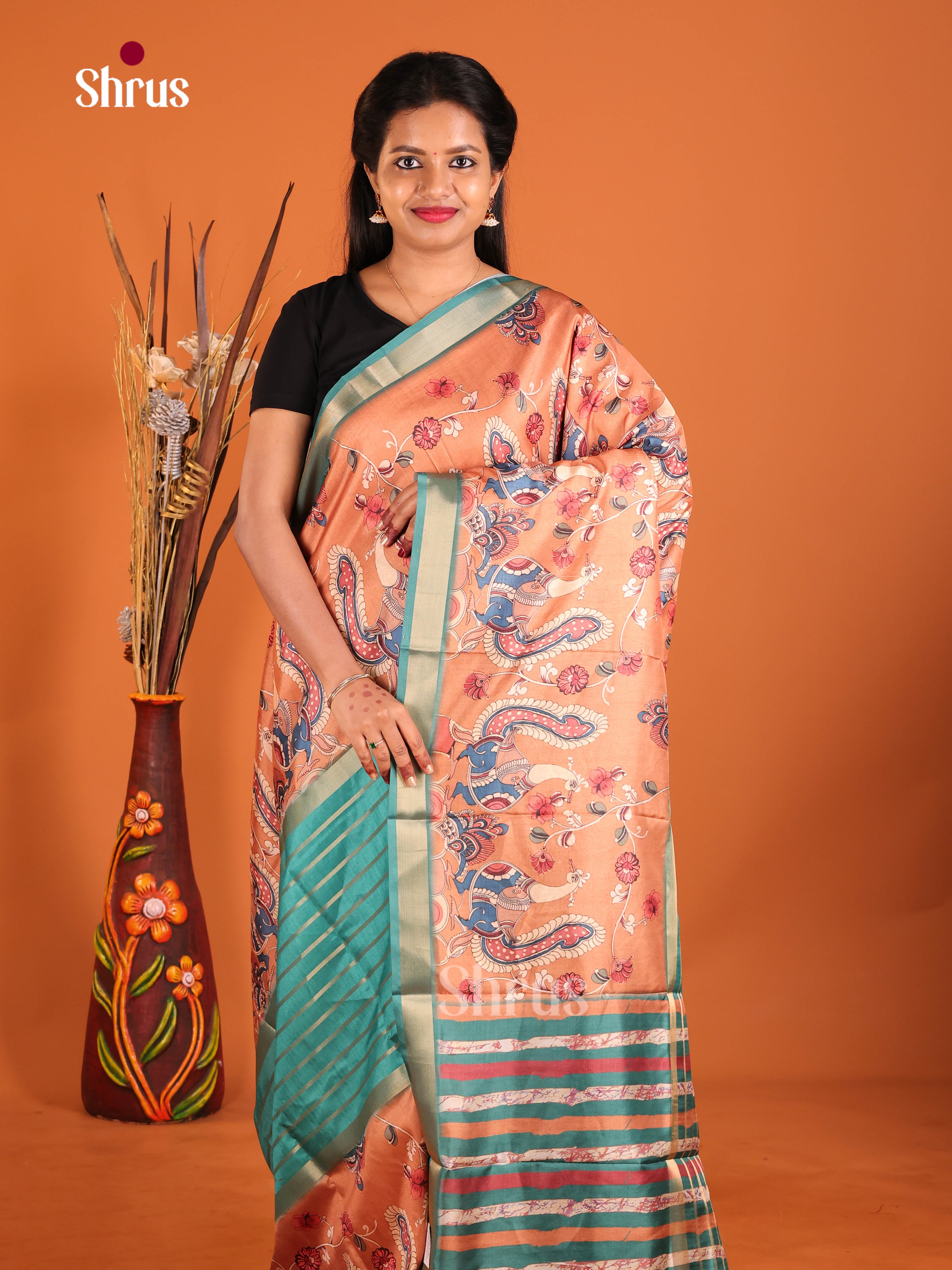 Green & Orange - Semi matka Saree