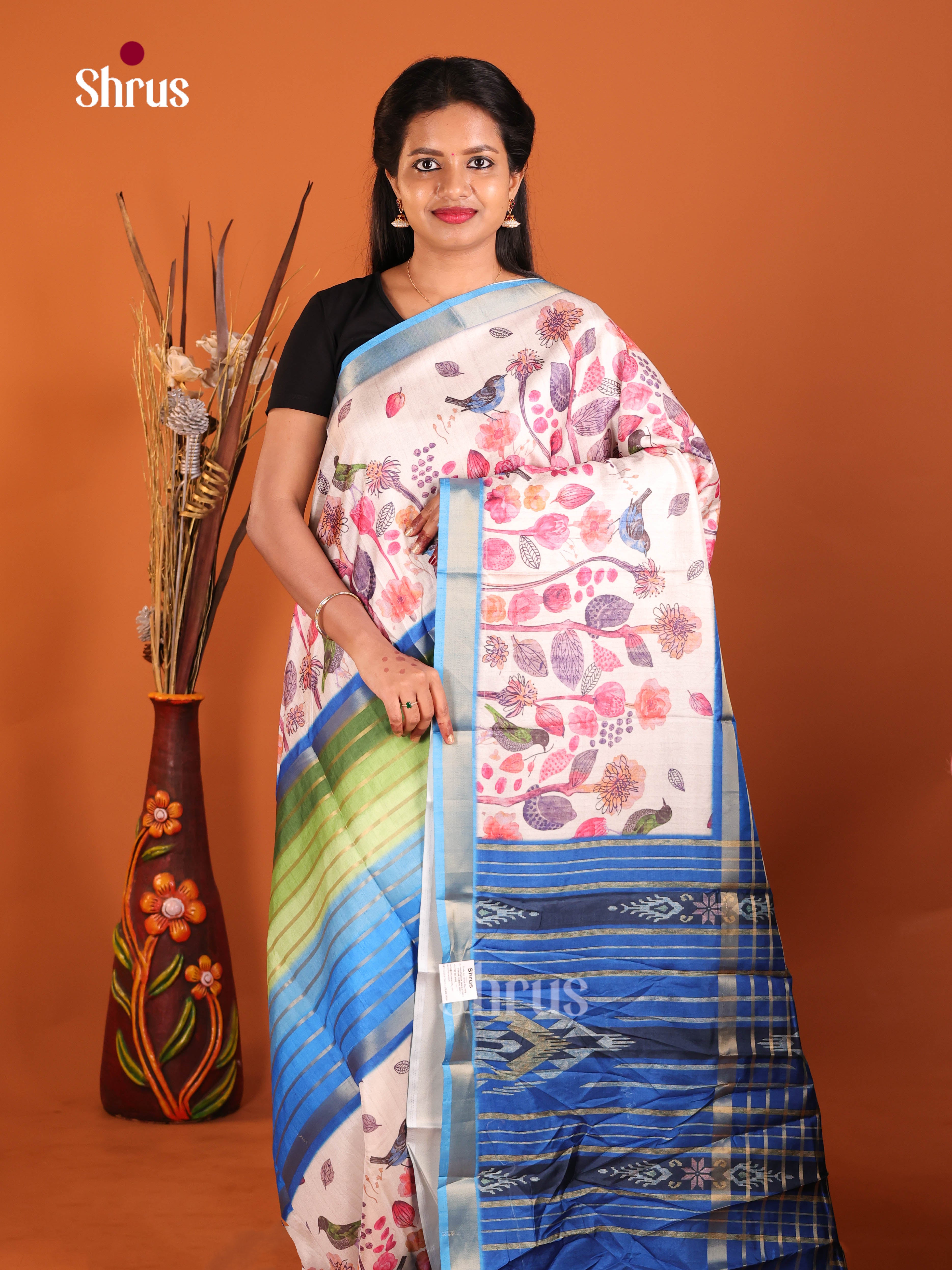 Blue & Cream - Semi matka Saree
