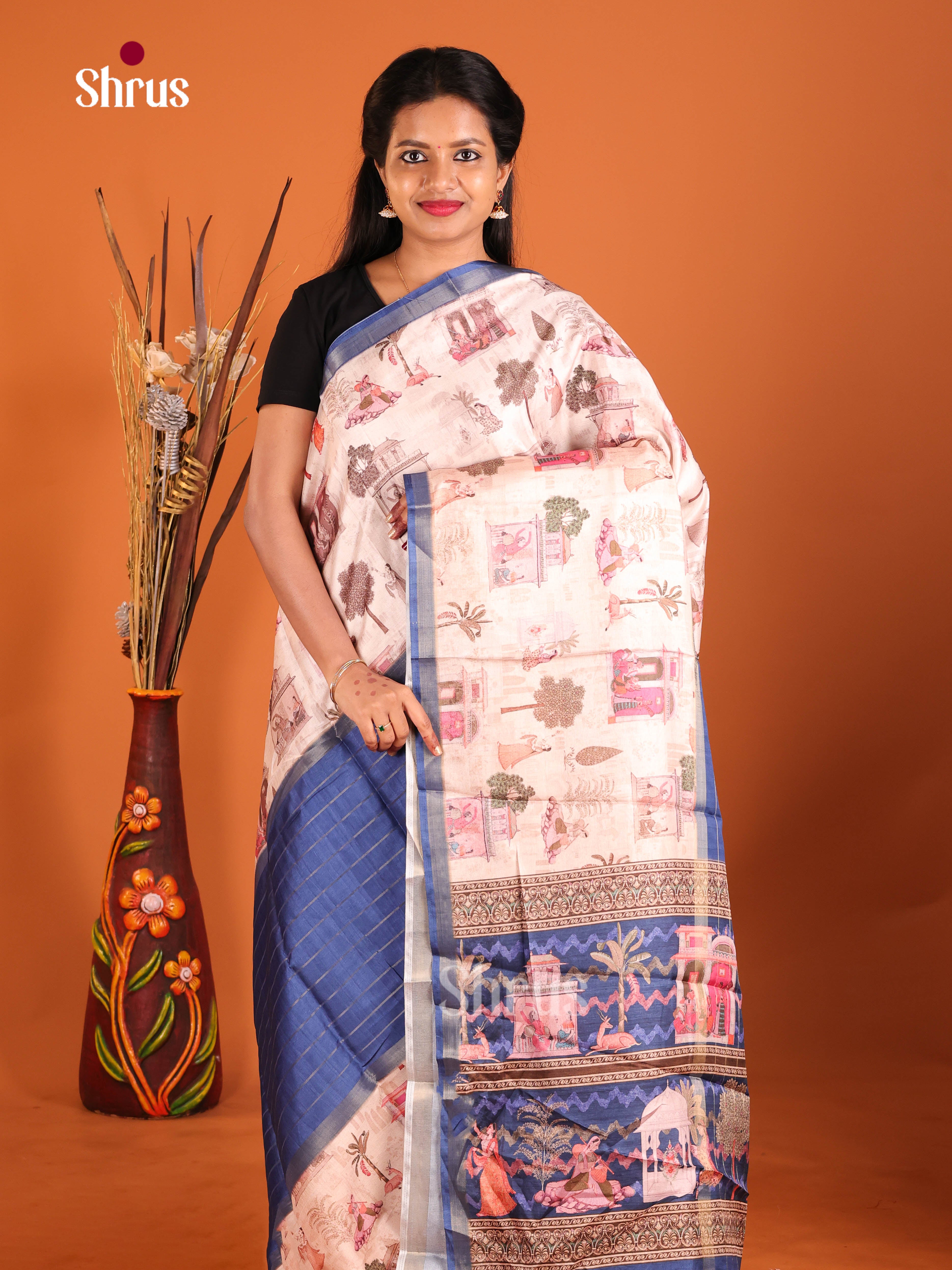 Cream & Blue - Semi matka Saree