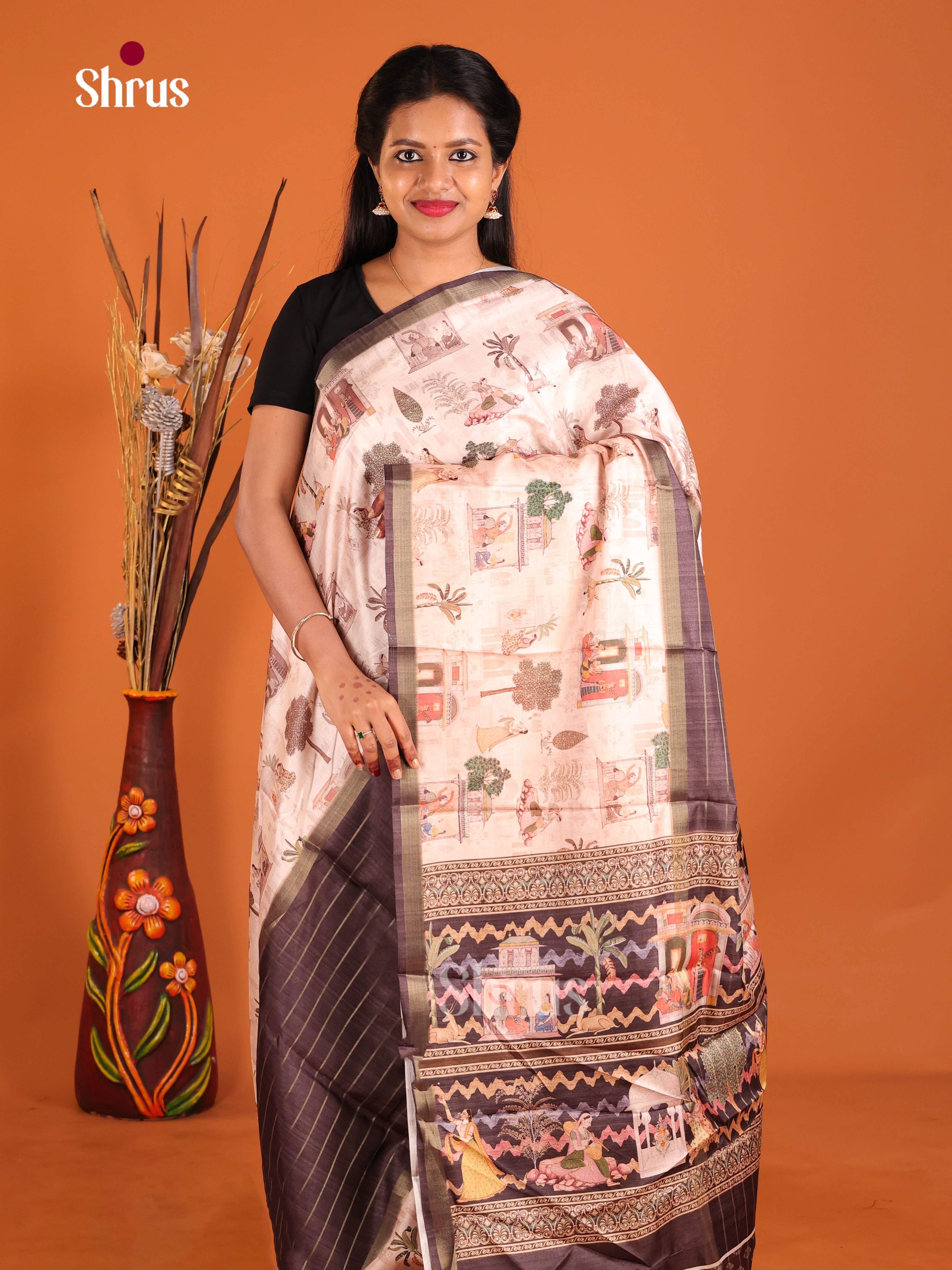 Brown & Cream - Semi matka Saree