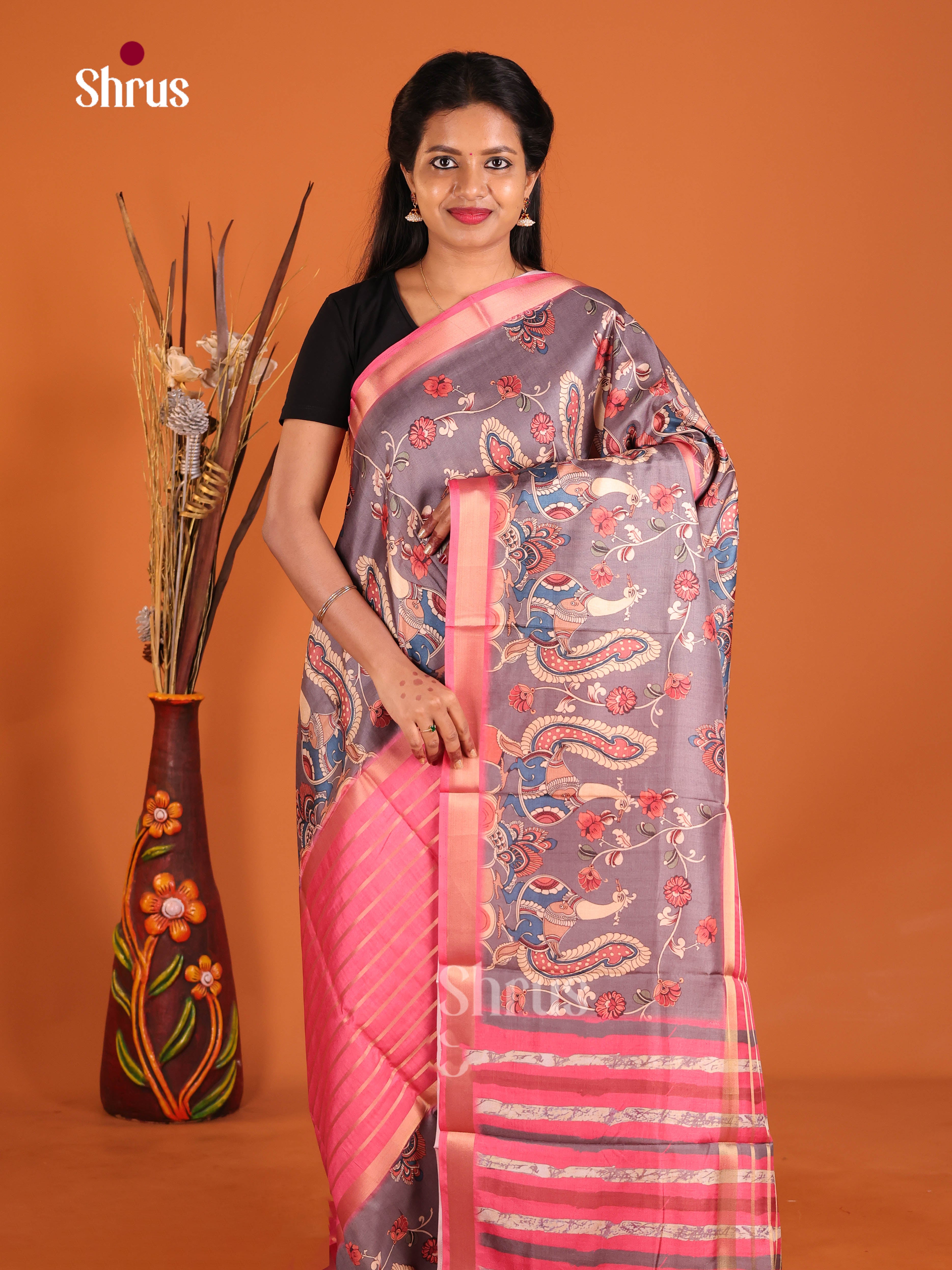 pink & Grey - Semi matka Saree