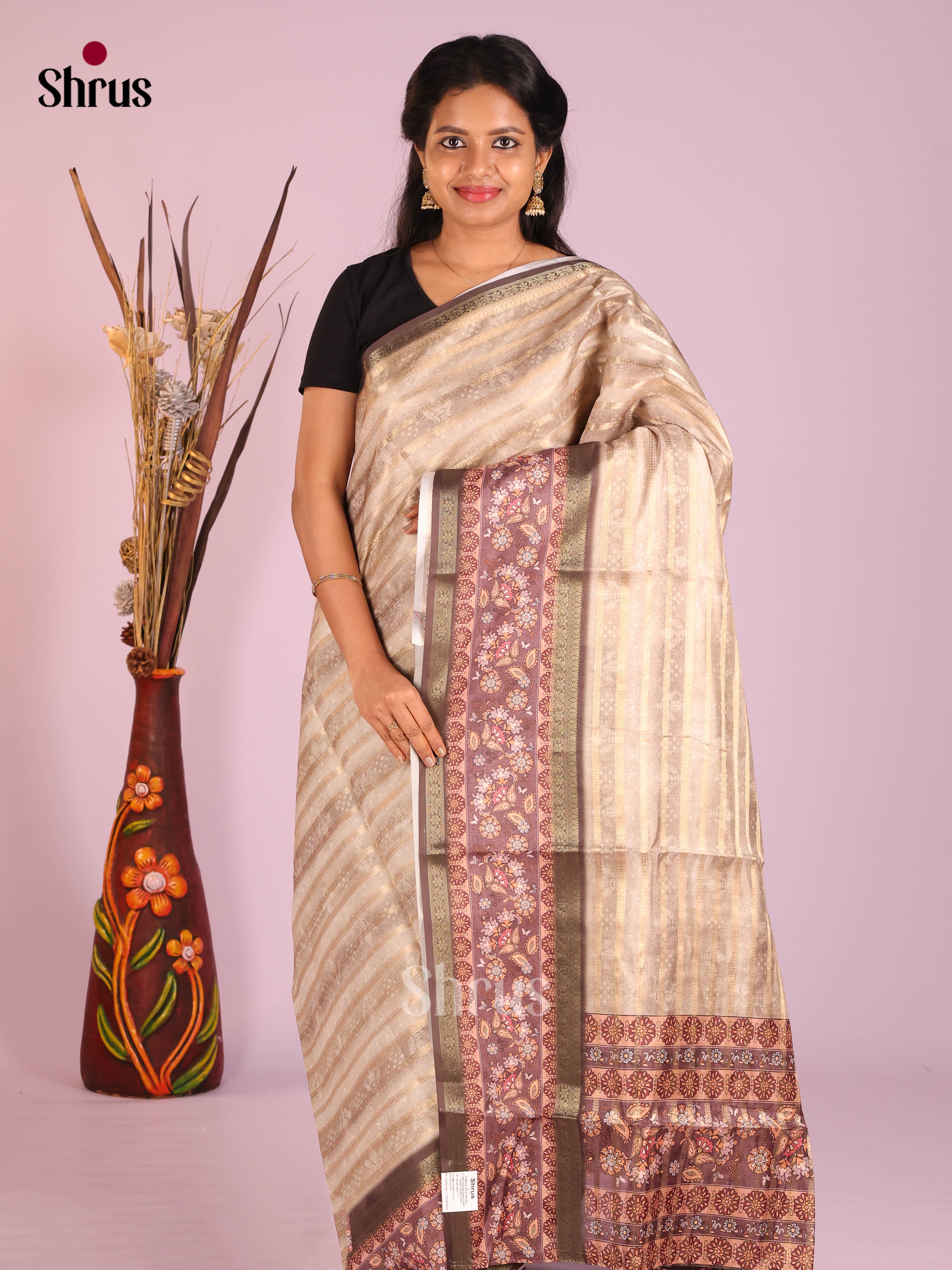 Cream & Brown - Semi Dola silk Saree