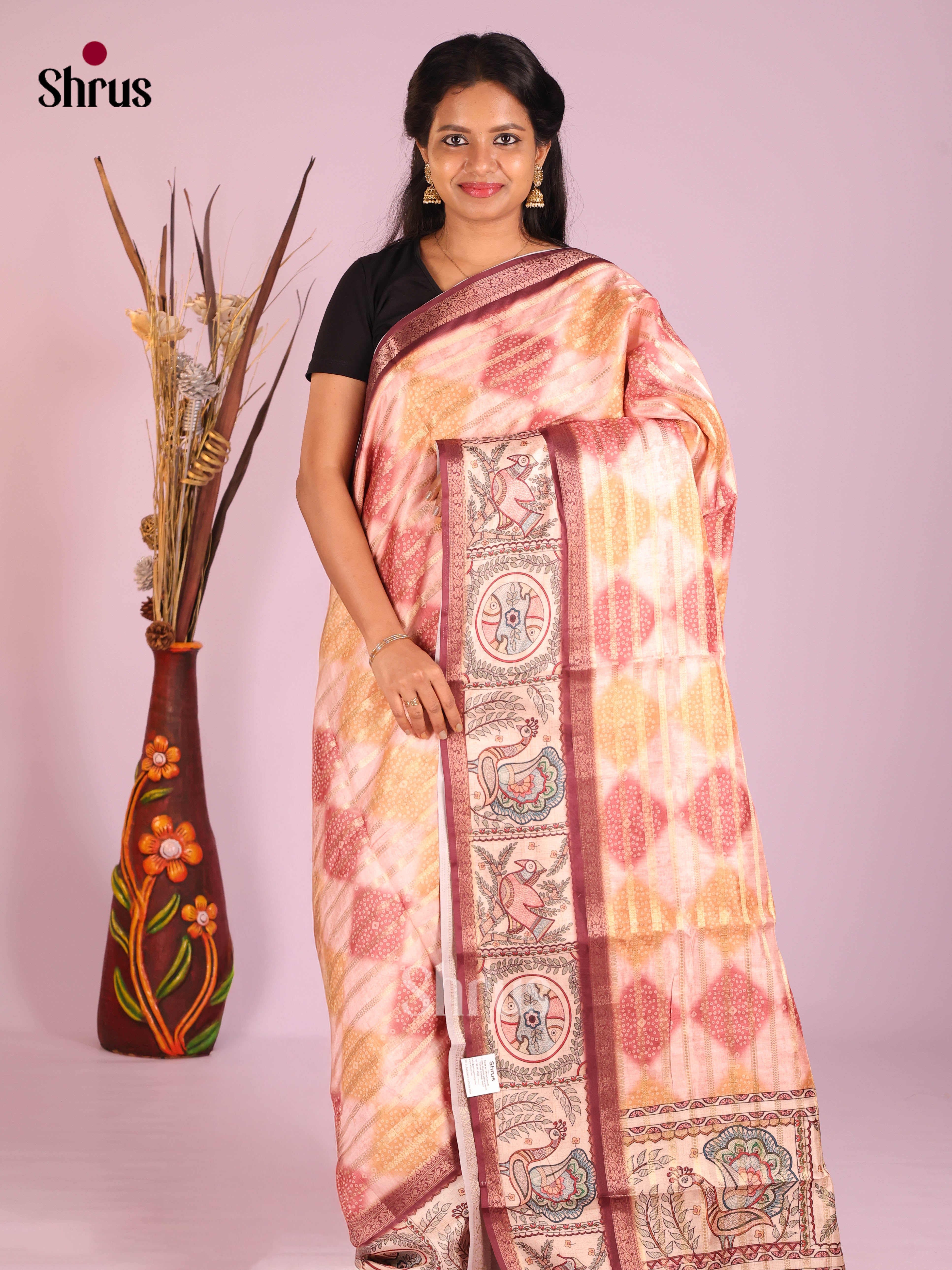 Cream & Maroon - Semi Dola silk Saree