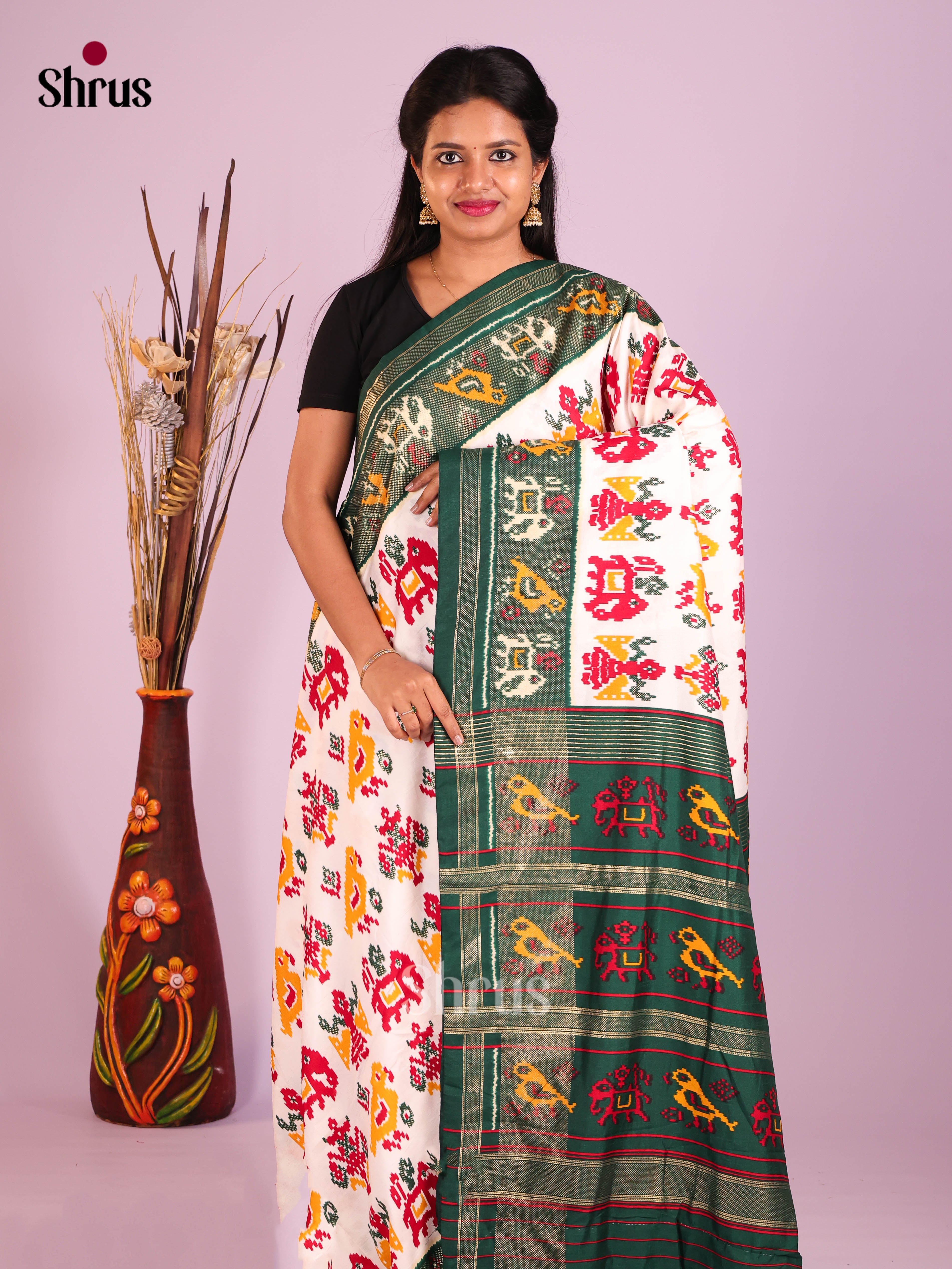 cream & Green - Semi Ikkat Print Saree - Shop on Shrus.com