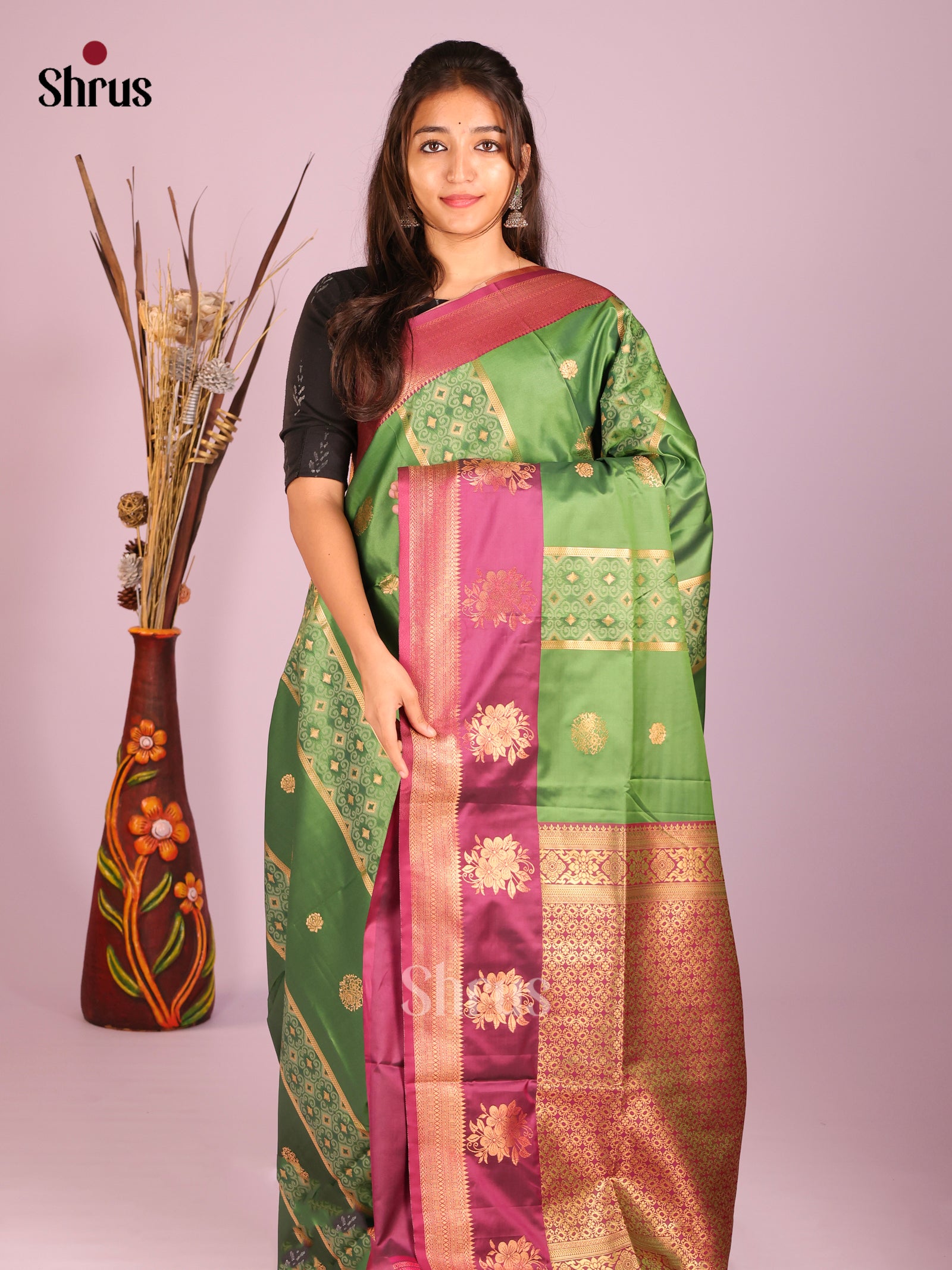 Green & Purple - Semi Softsilk Saree