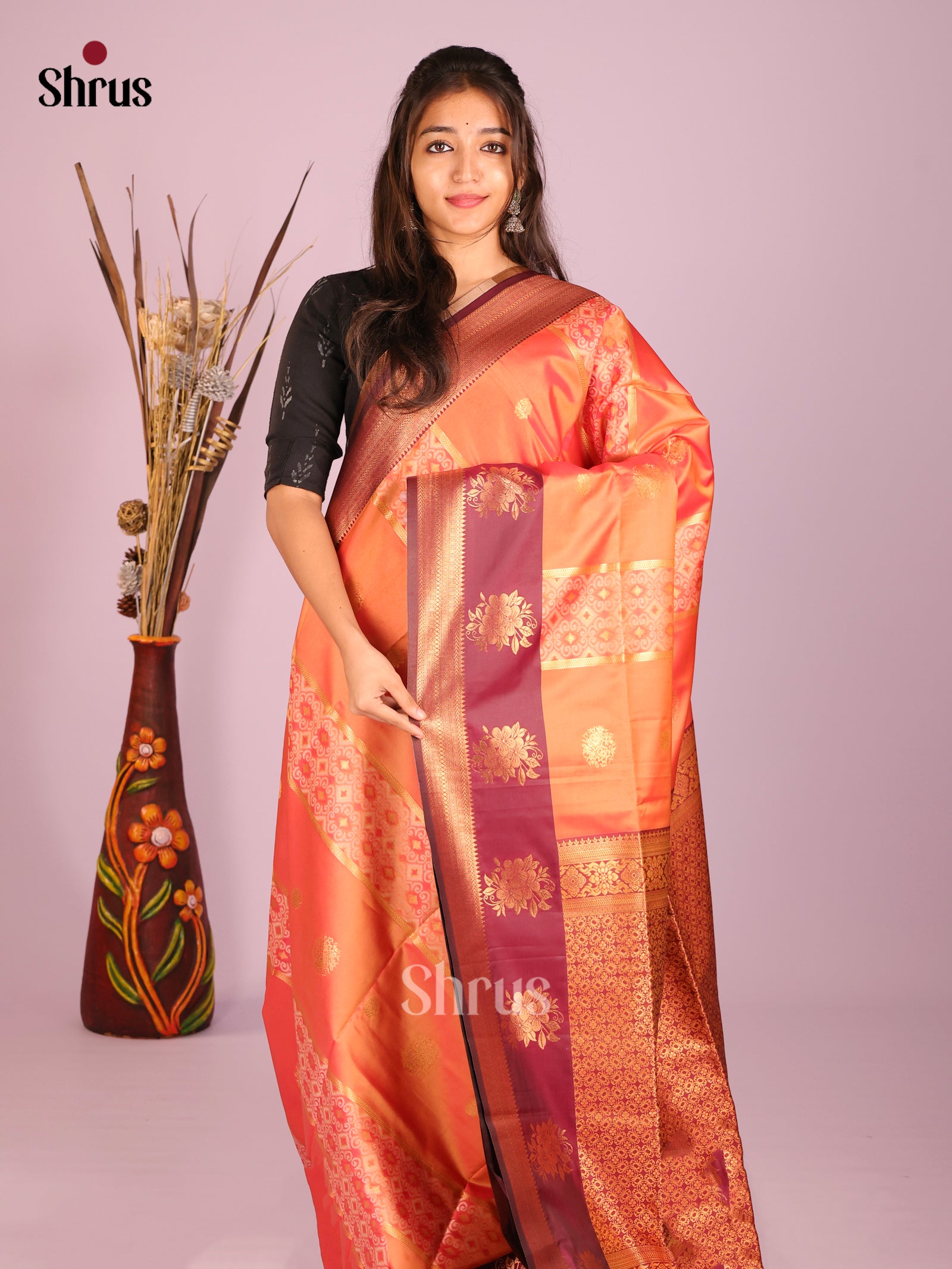Orange & Maroon - Semi Softsilk Saree - Shop on Shrus.com