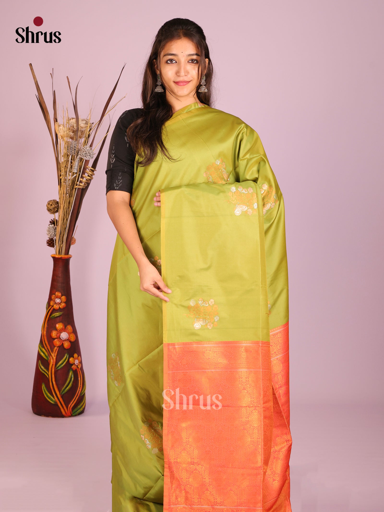 Green & Orange - Semi Softsilk Saree