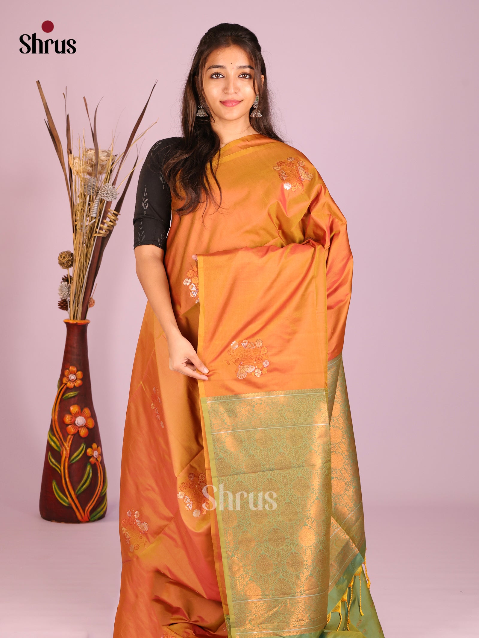 Brick & Green - Semi Softsilk Saree