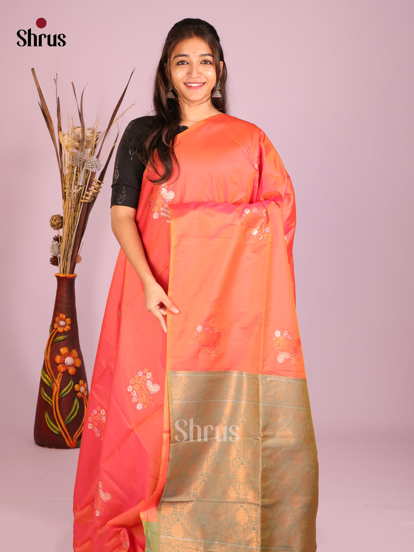 Orange & Green - Semi Softsilk Saree