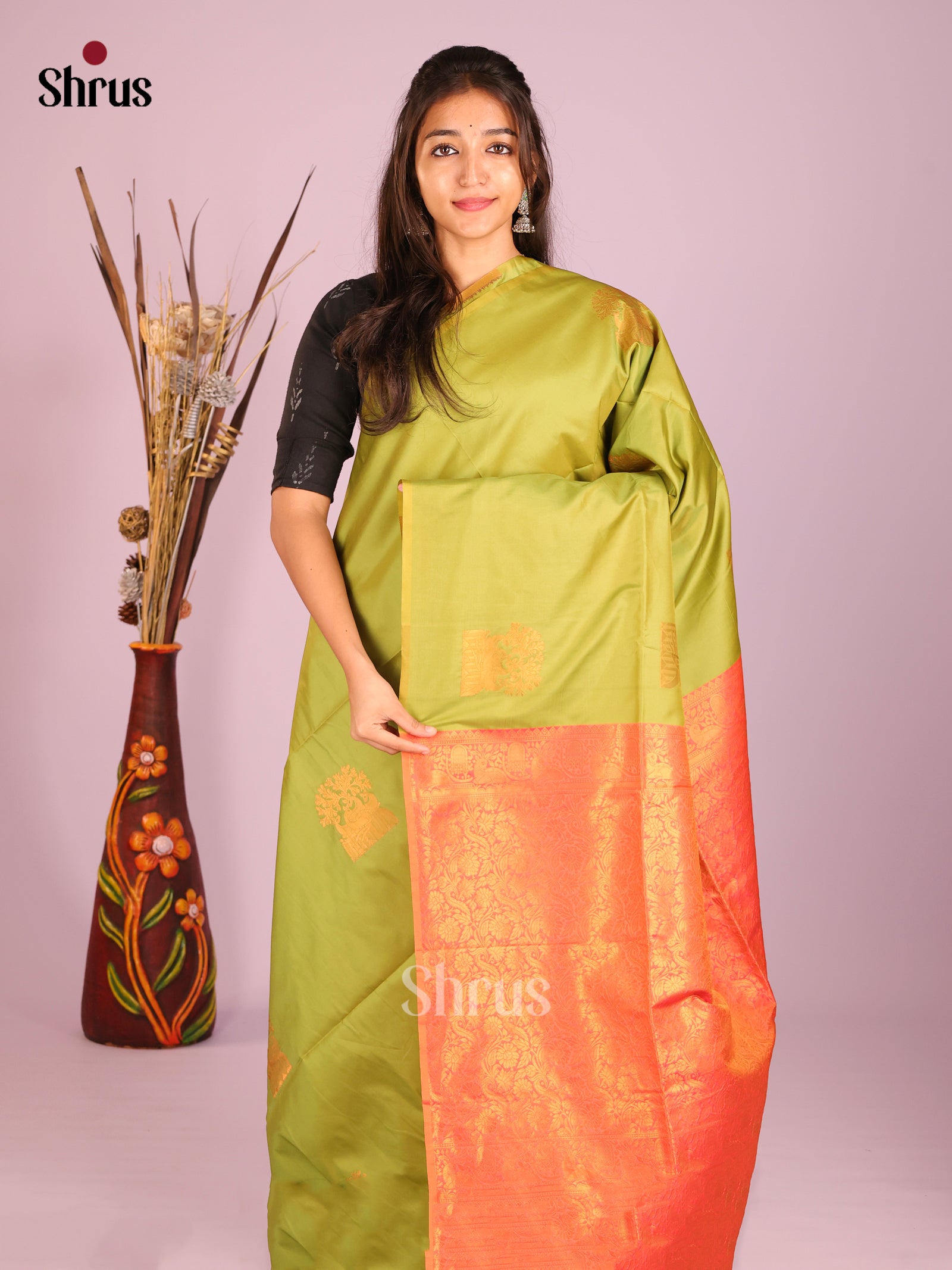 Green & Orange - Semi Softsilk Saree