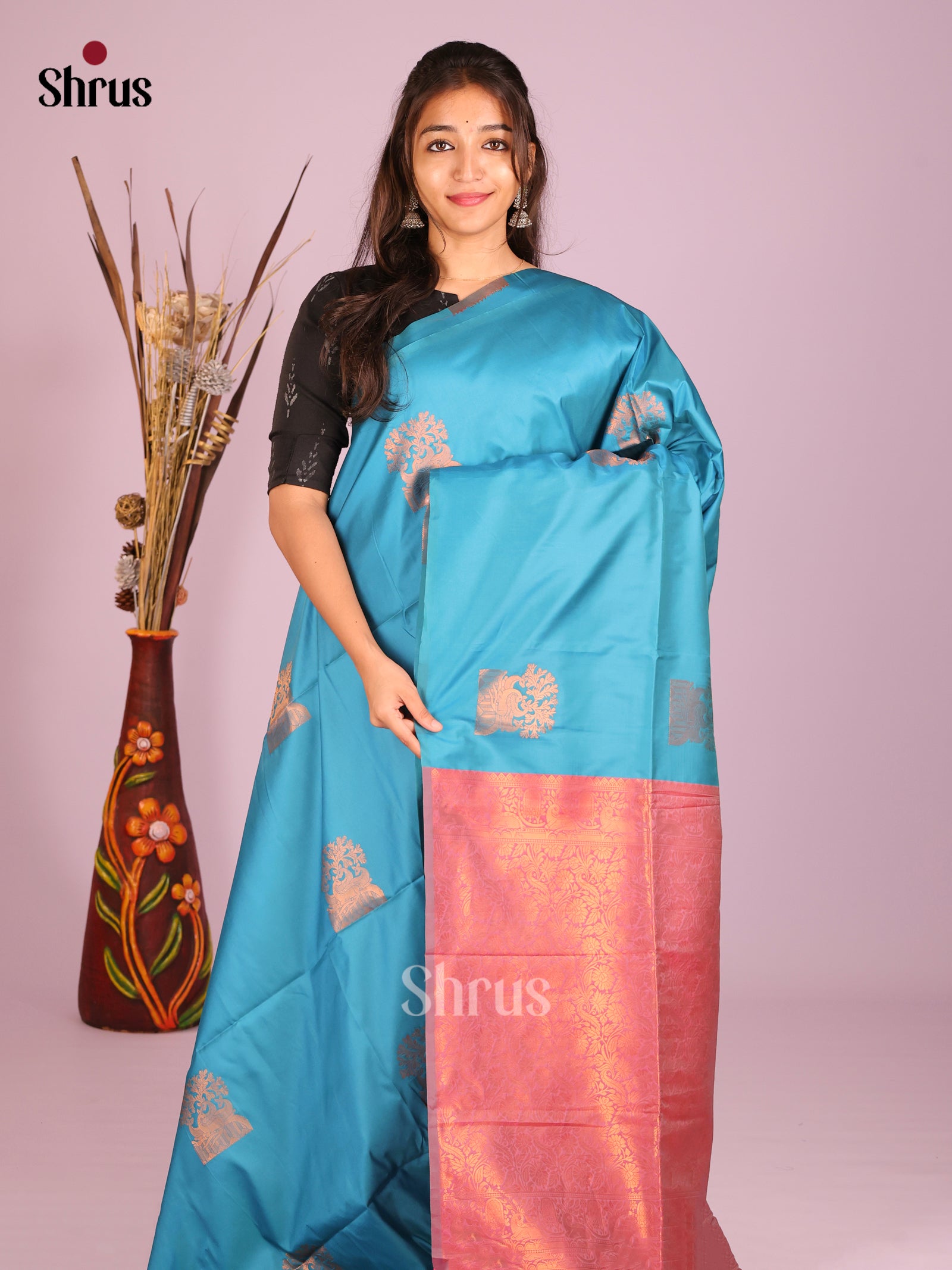 Blue & Pink - Semi Softsilk Saree