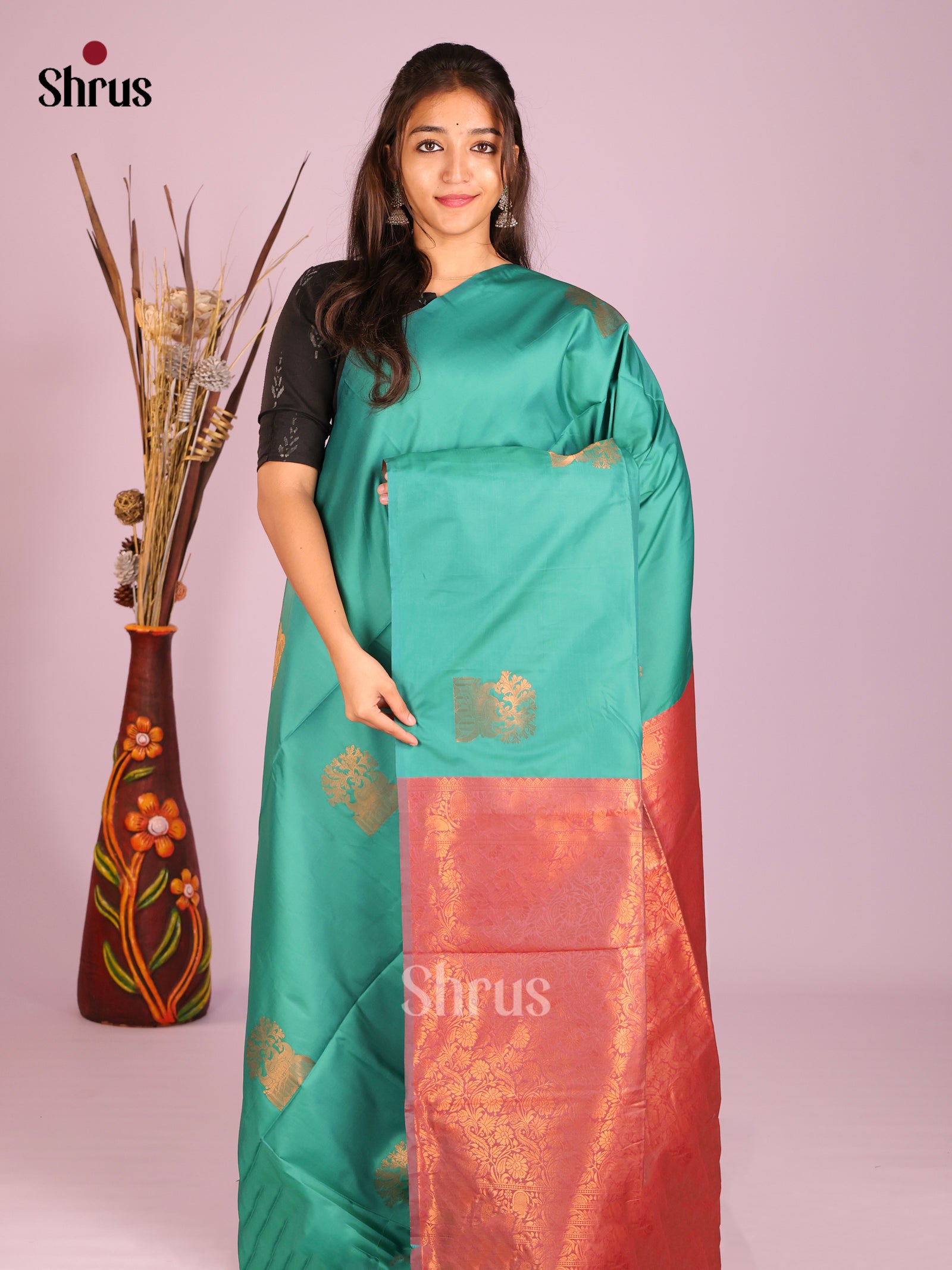 Green & Orangish Pink - Semi Softsilk Saree