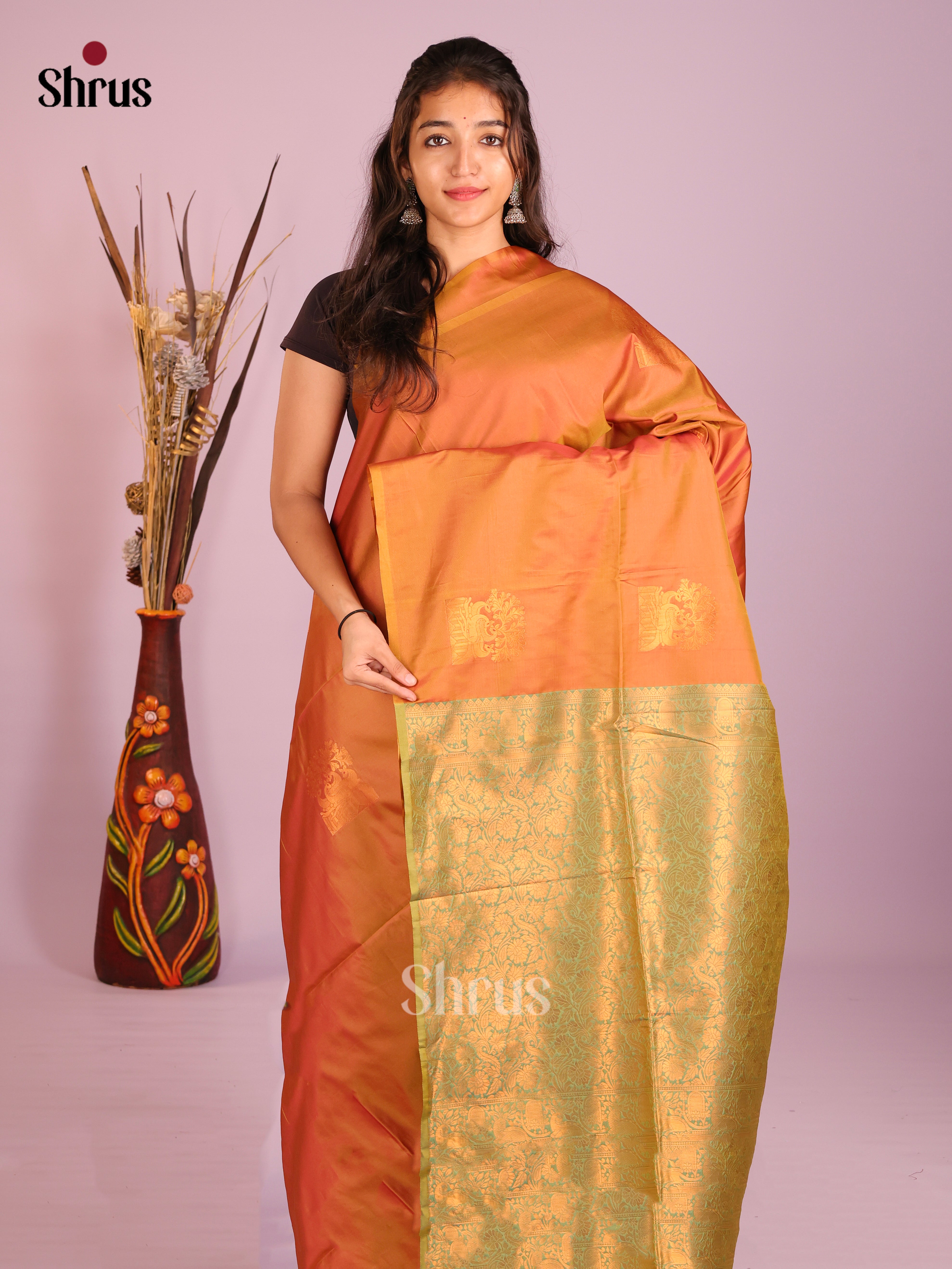 Orange & Green - Semi Softsilk Saree