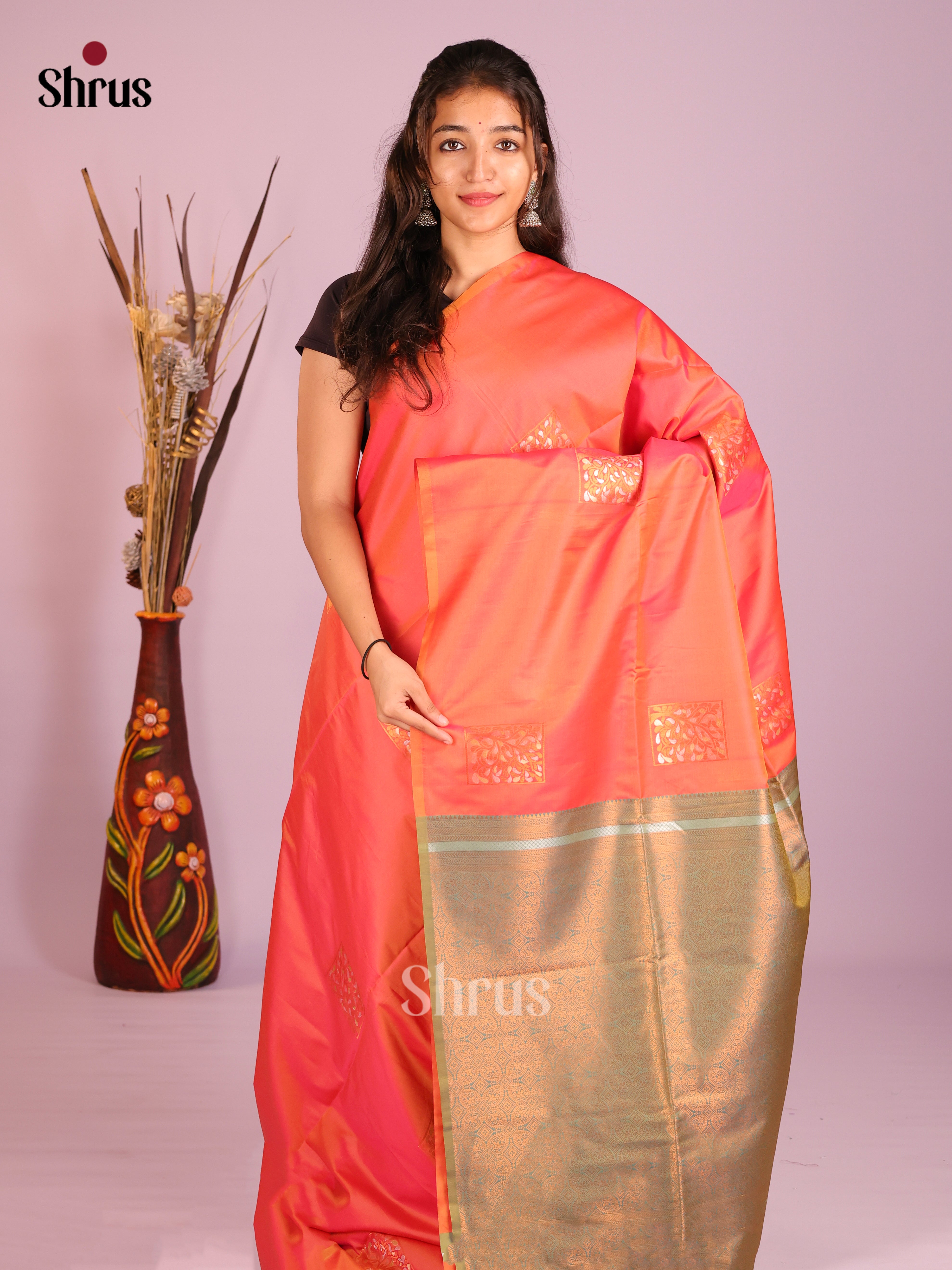 Orange & Green - Semi Softsilk Saree