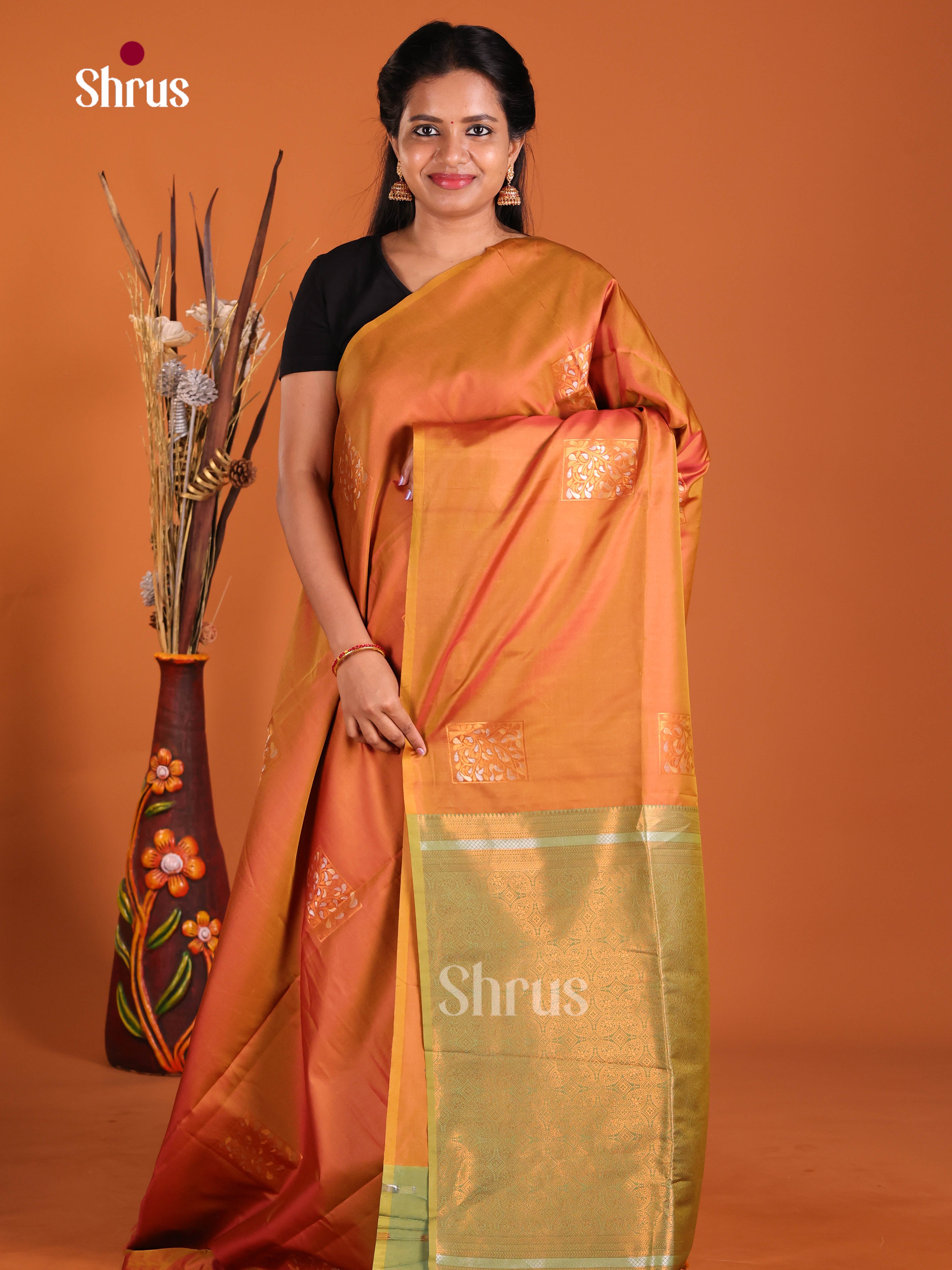 Orange & Green- Semi Softsilk Saree