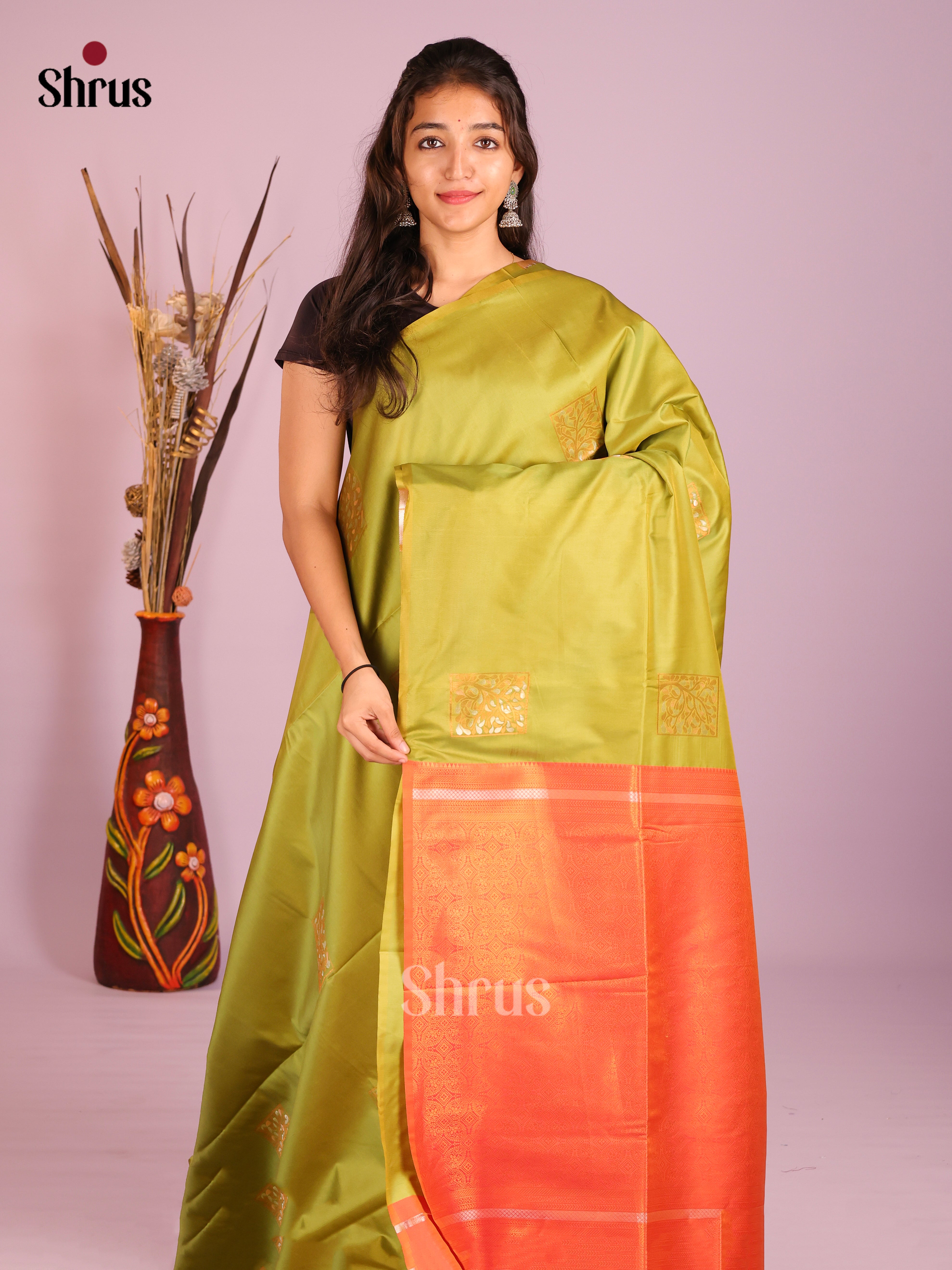 Green & Orange - Semi Softsilk Saree