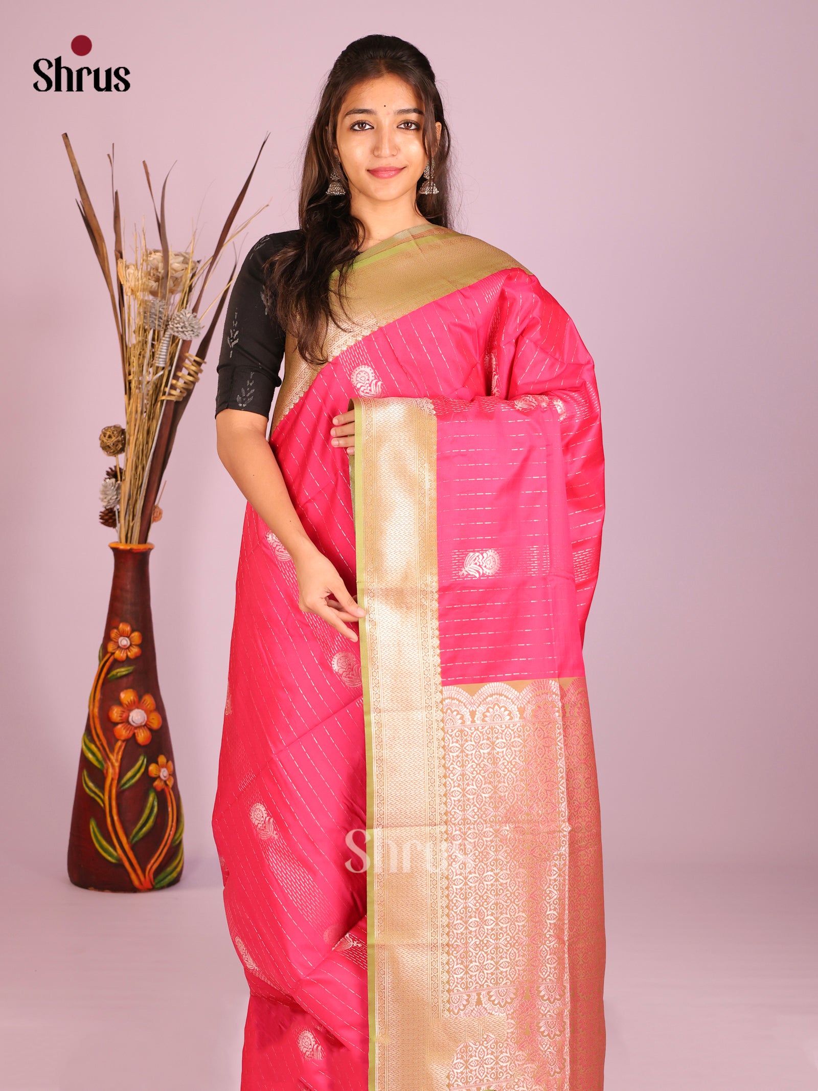 Pink & Green- Semi Softsilk Saree
