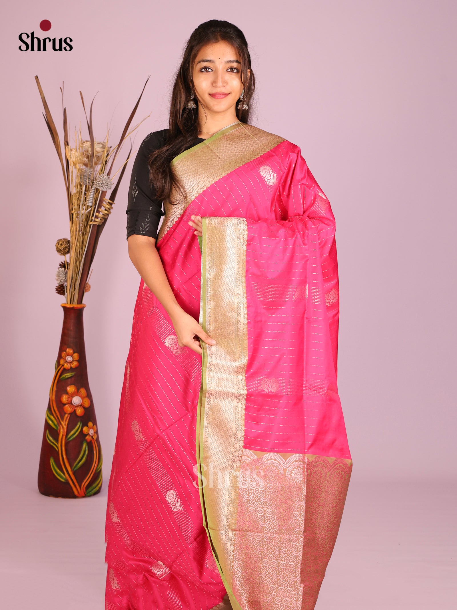 Pink & Green- Semi Softsilk Saree