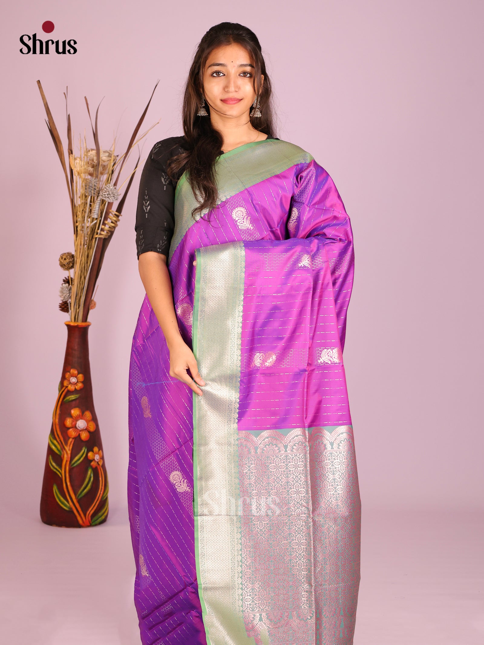 Purple & Green - Semi Softsilk Saree