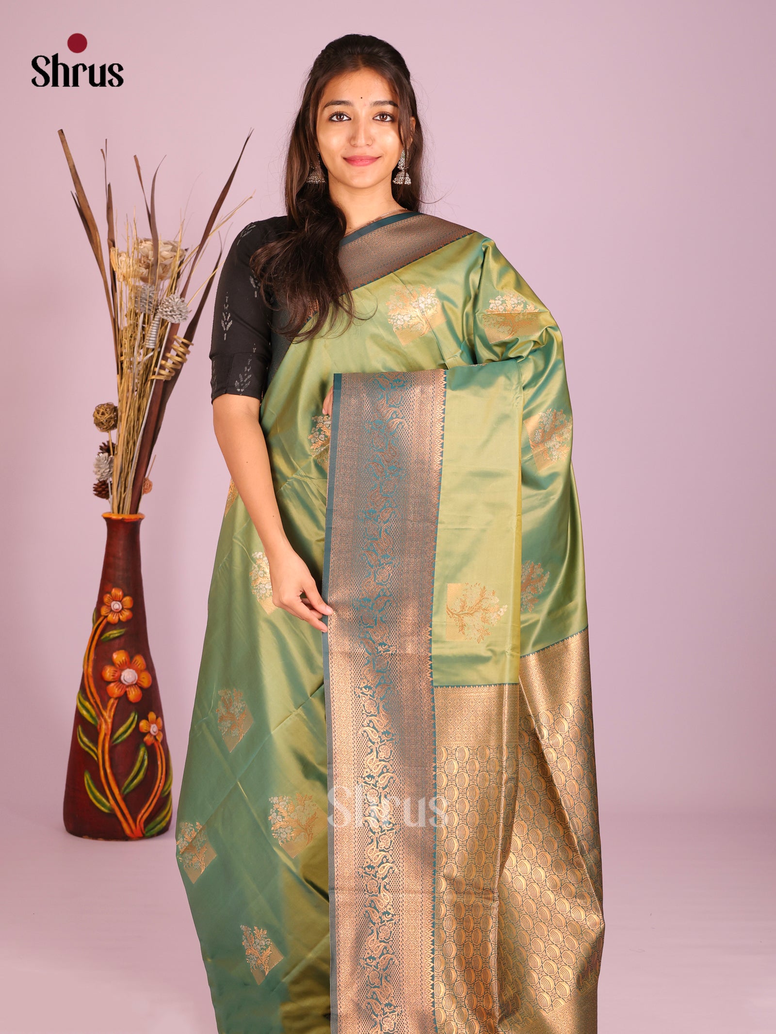 Green & Blue - Semi Softsilk Saree