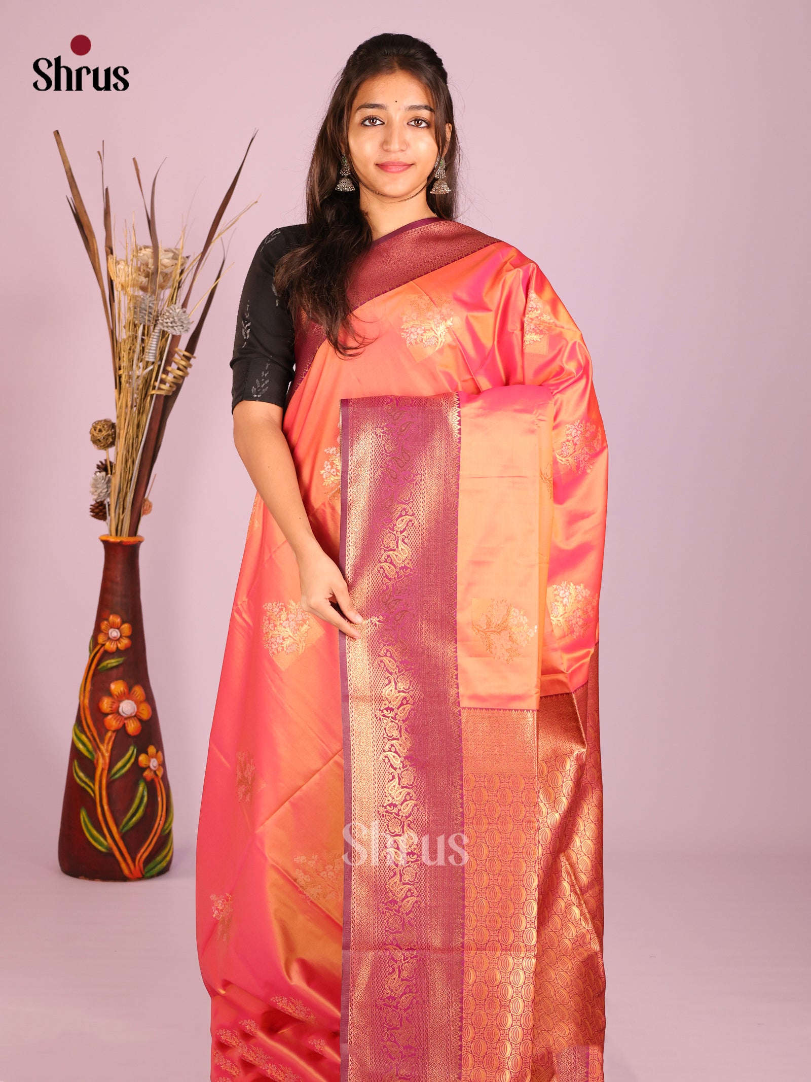 Orange & Maroon - Semi Softsilk Saree