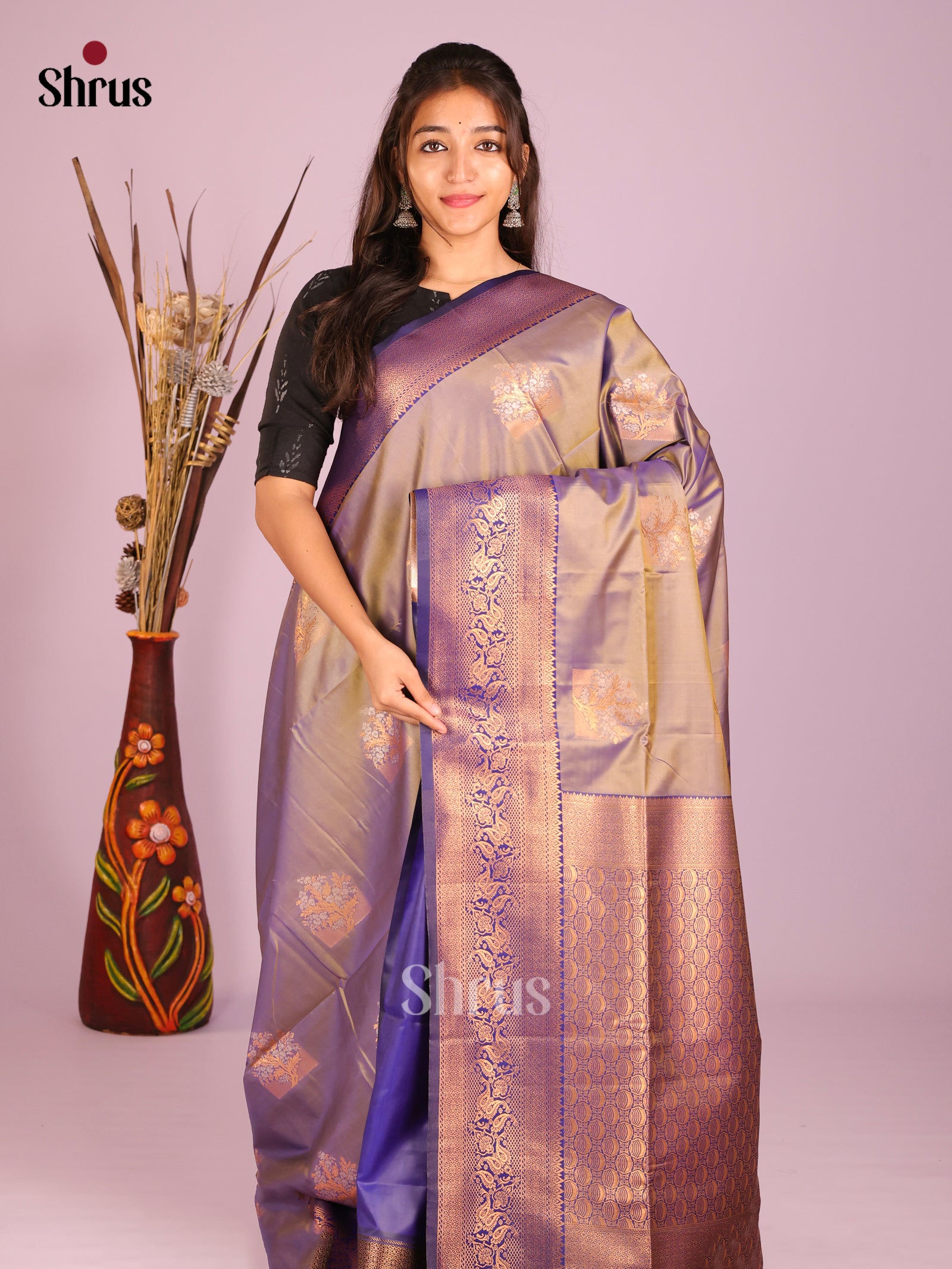 Grey & Blue - Semi Softsilk Saree - Shop on Shrus.com