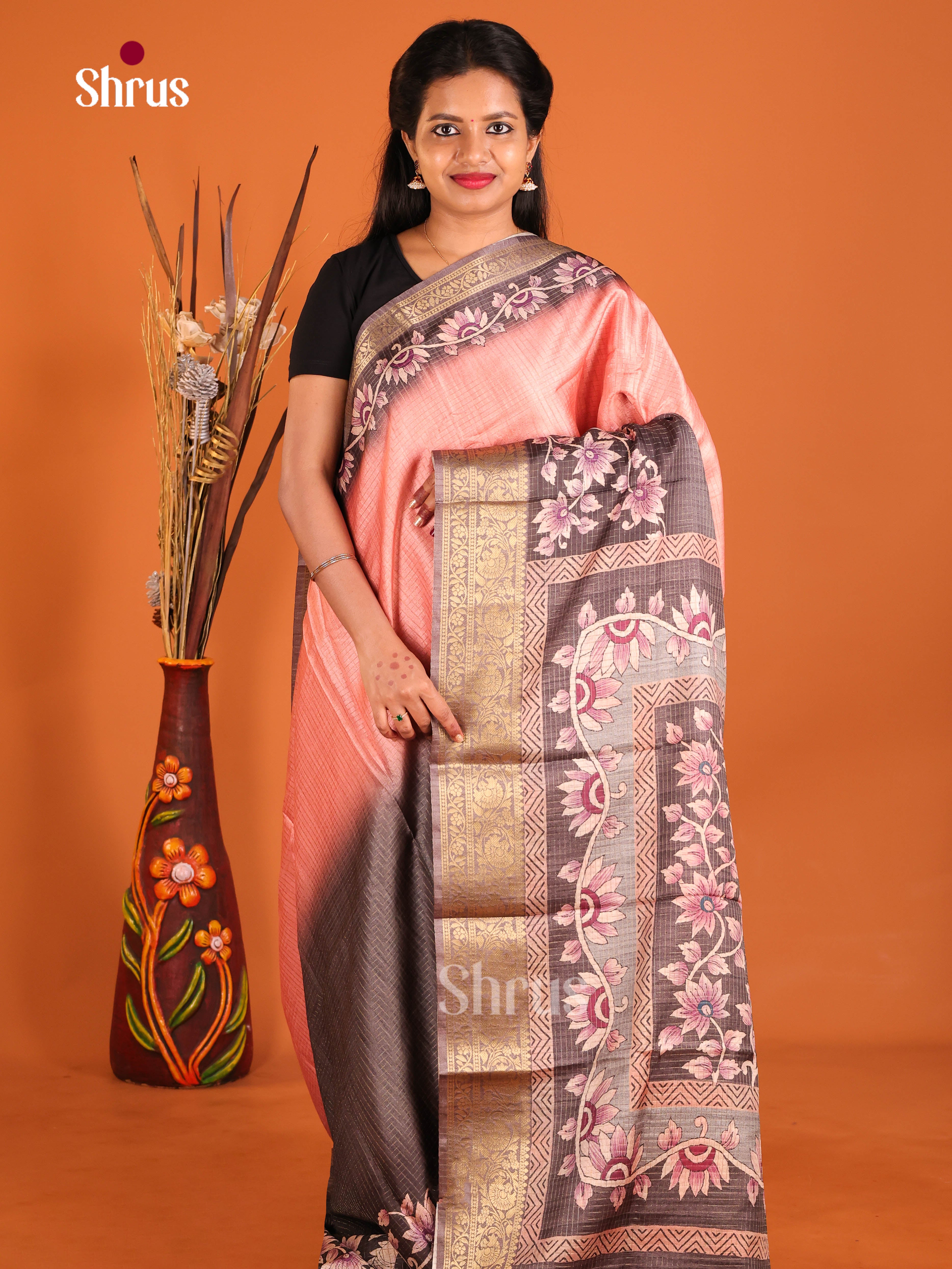 Pink & Brown- Semi Dola silk Saree