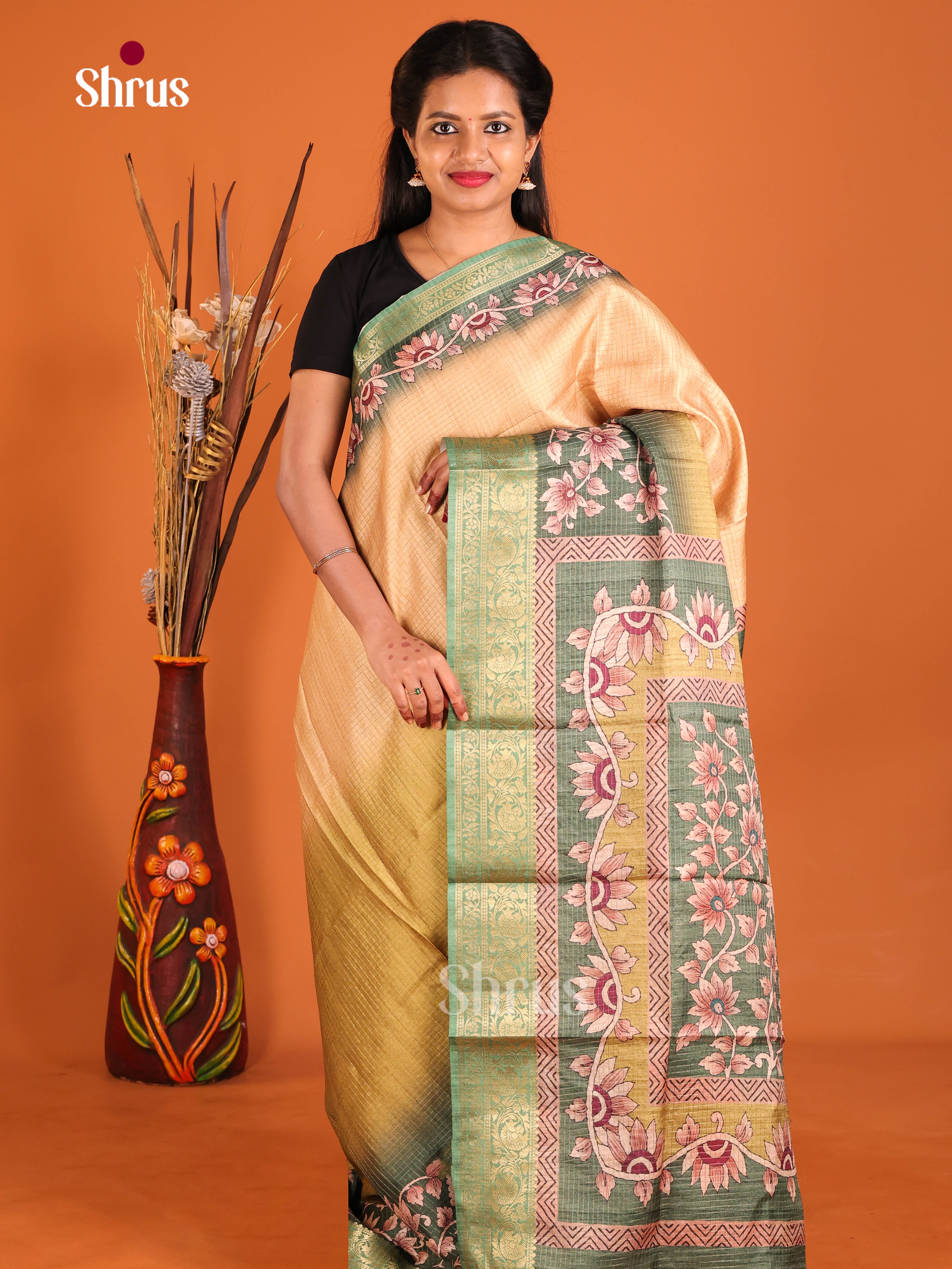 Peach & Green  - Semi Dola silk Saree