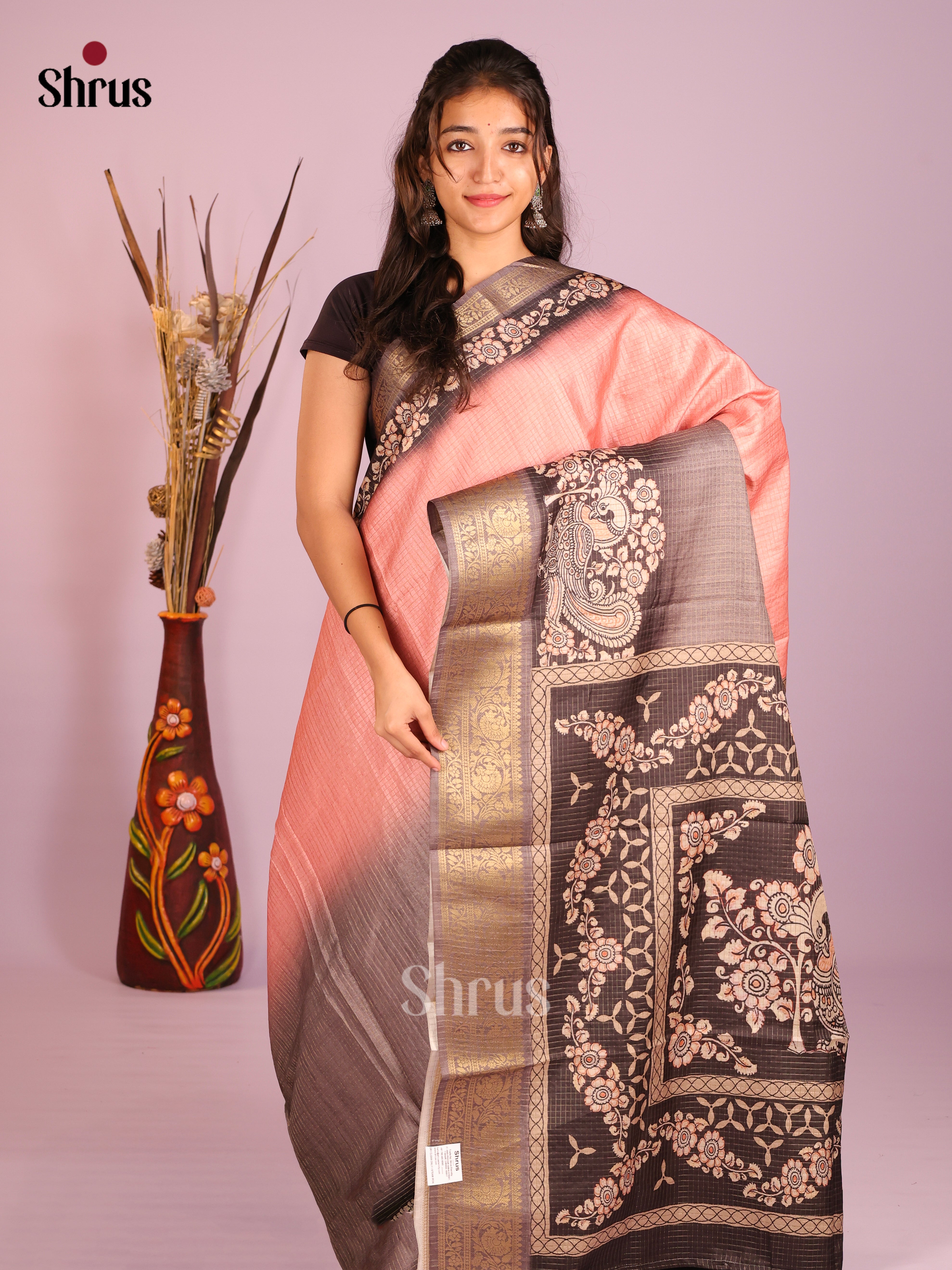 Pink & Grey - Semi Dola silk Saree - Shop on Shrus.com