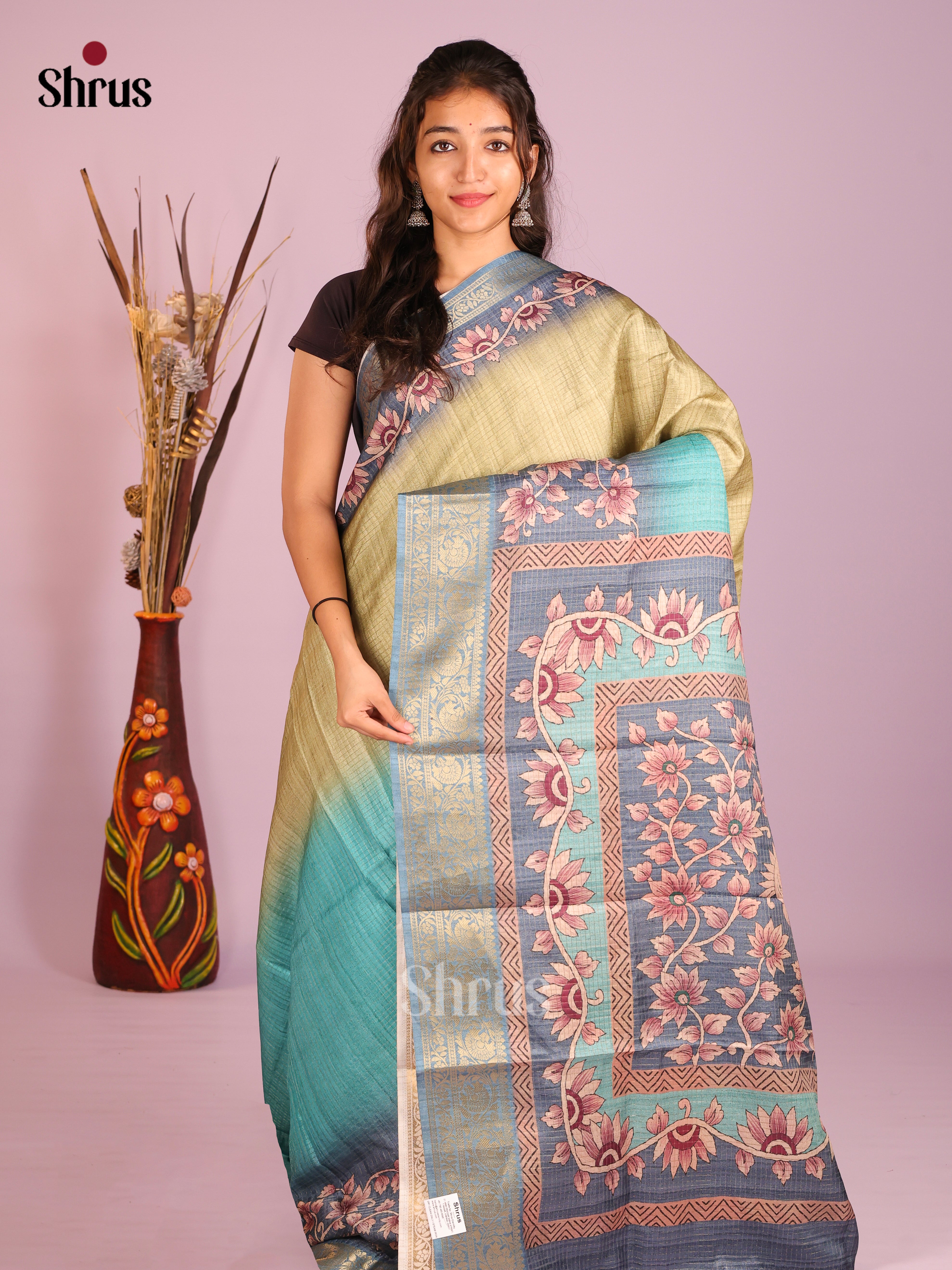 Green & Blue- Semi Dola silk Saree - Shop on Shrus.com
