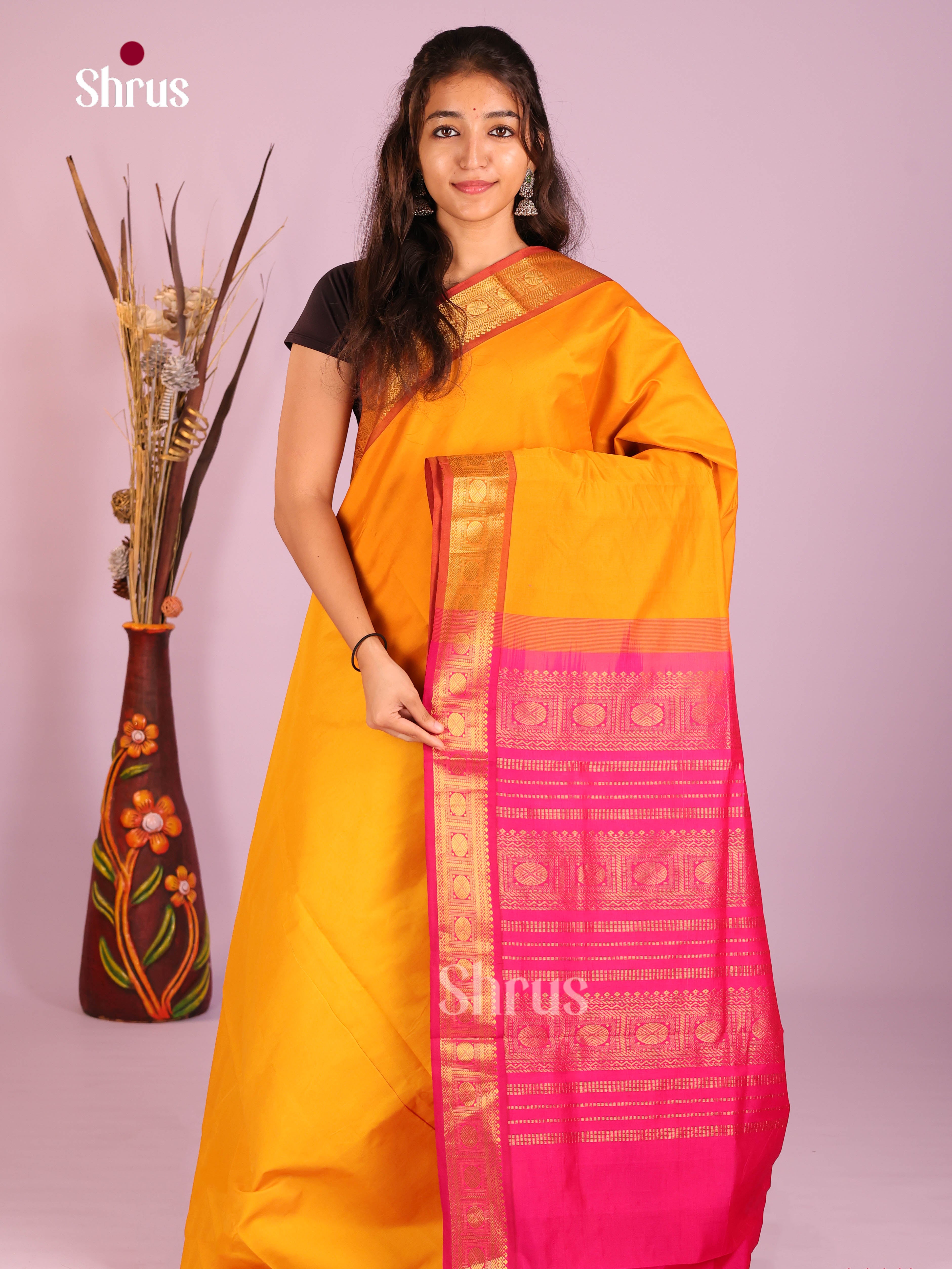 Muambazha  Yellow & Pink  - Silkcotton-halfpure Saree - Shop on Shrus.com