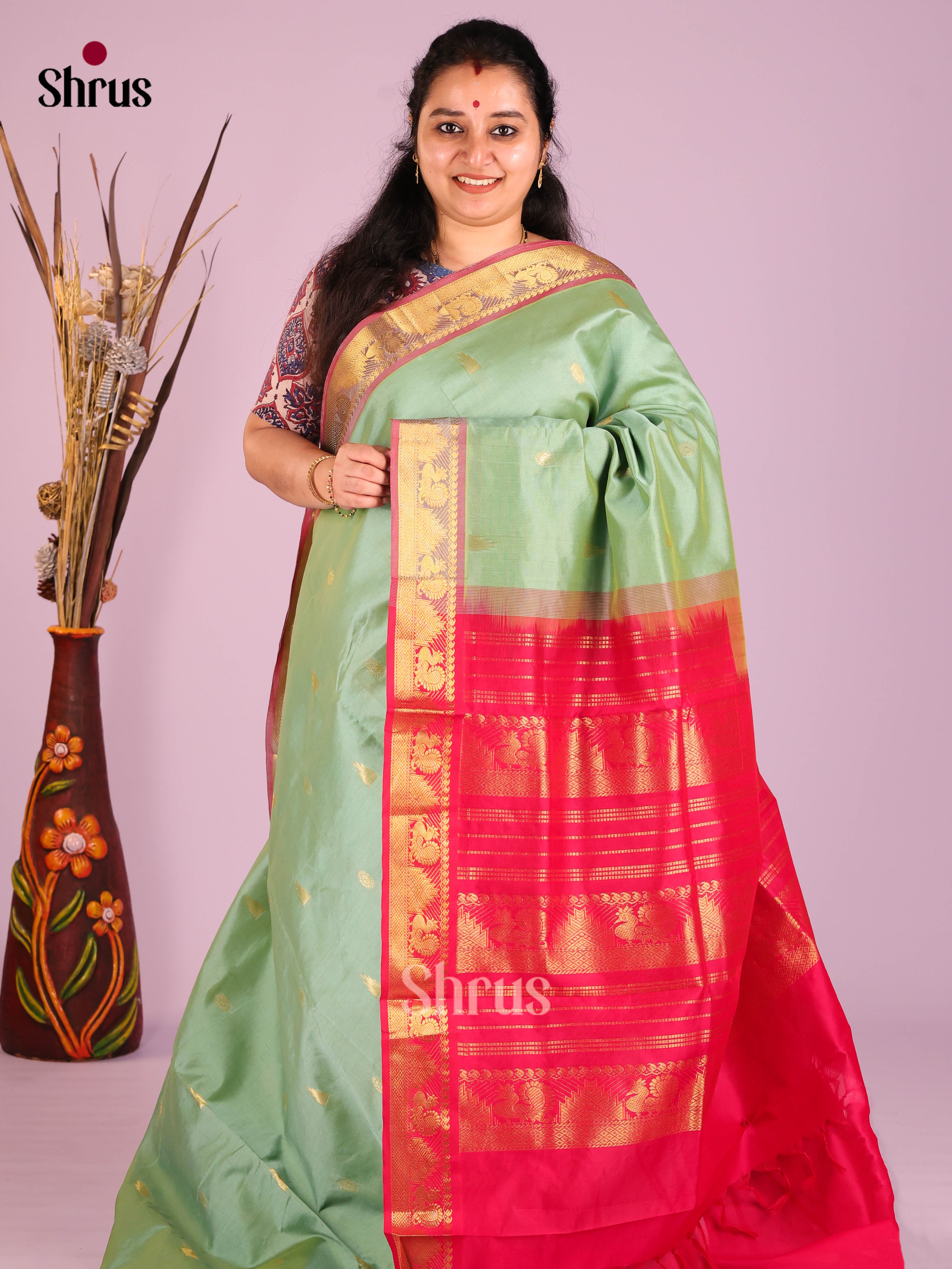 Pastel Green & Red  - Silkcotton-halfpure Saree - Shop on Shrus.com