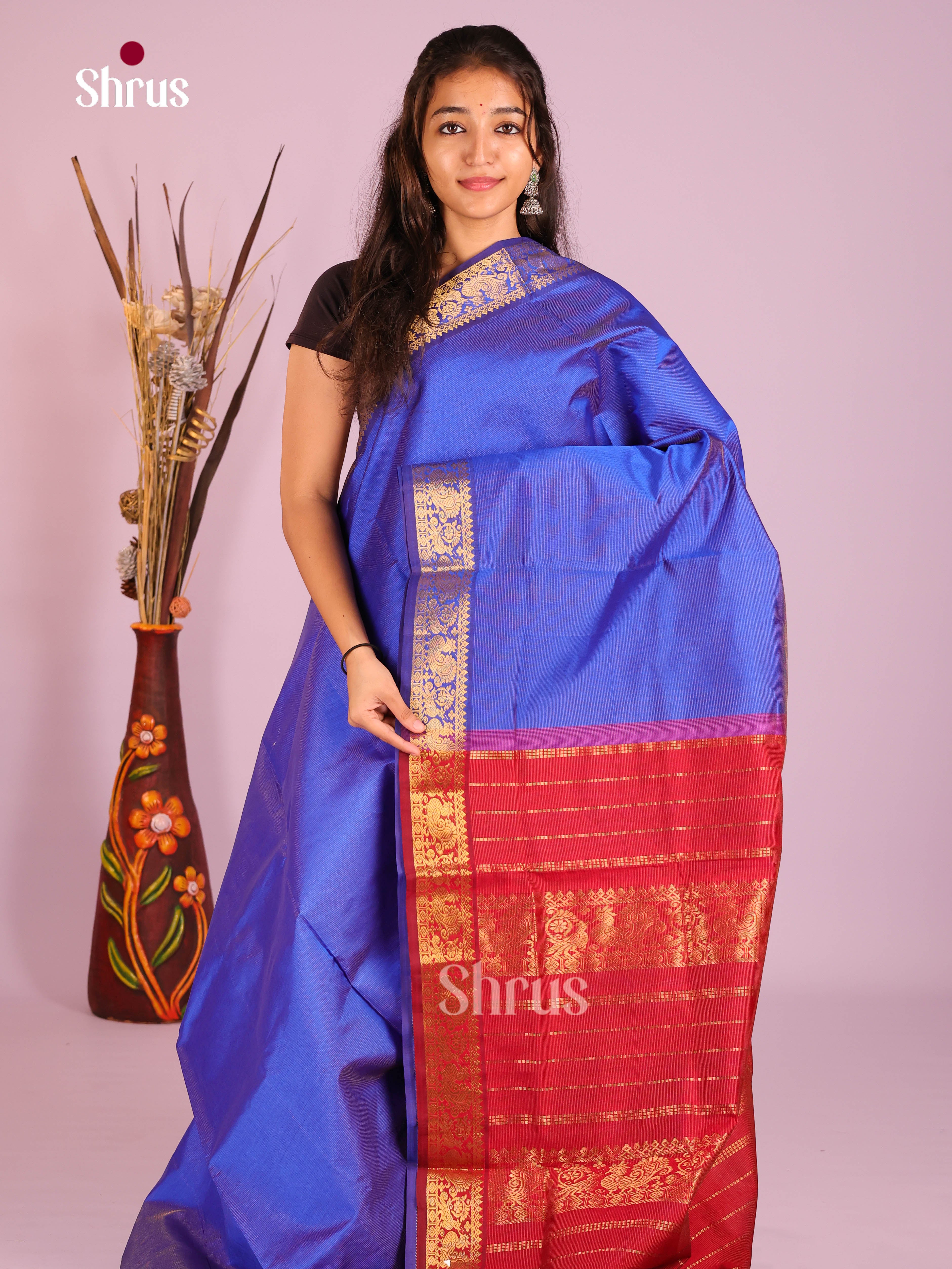 Blue & Maroon - Silkcotton-halfpure Saree
